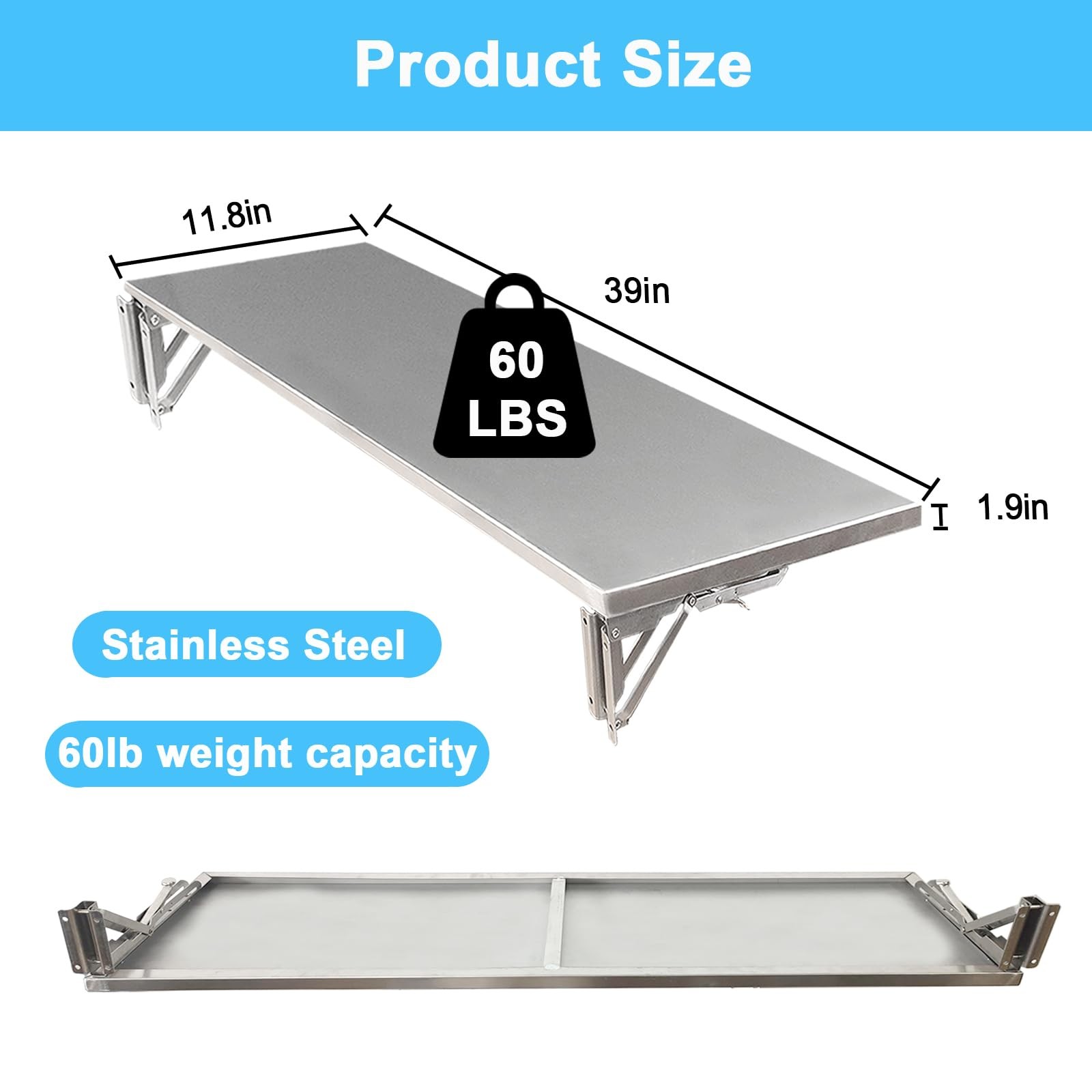 Folding Concession Shelf 36" x 12", Stainless Steel Drop Down Folding Serving...