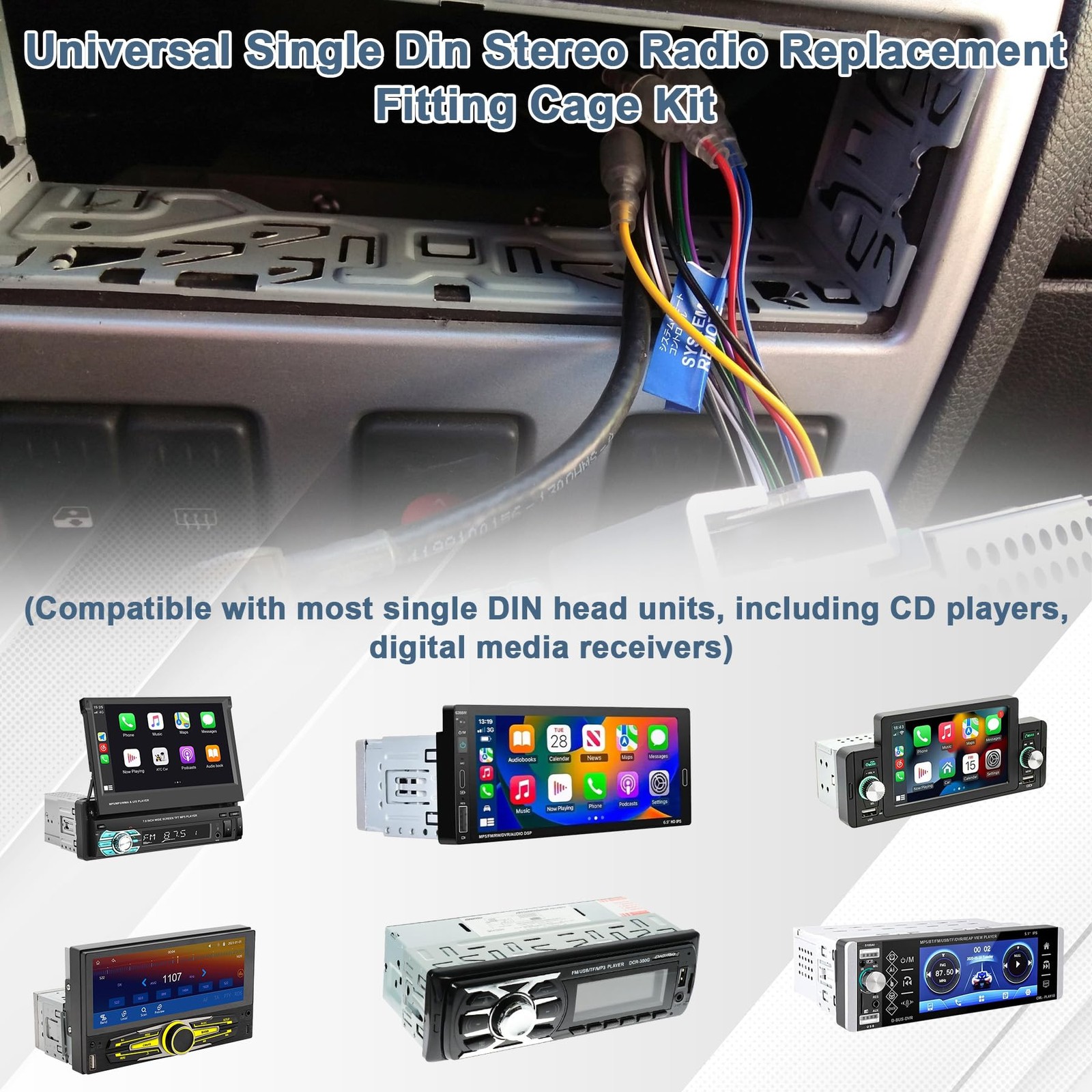 Universal Single Din Stereo Radio Replacement Fitting Cage Kit Silver