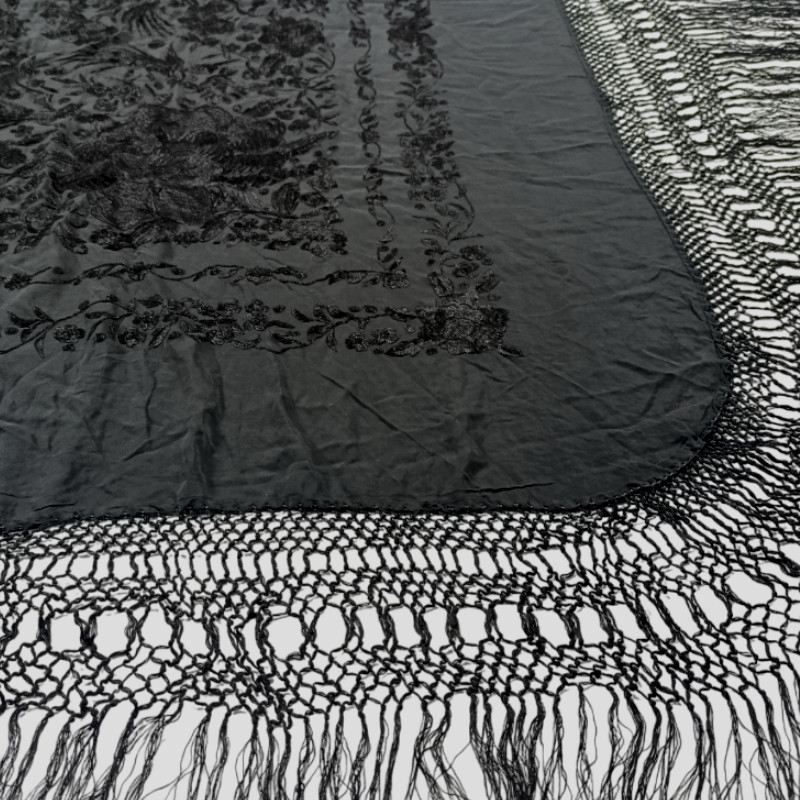 Antique Hand-Embroidered Silk Piano Shawl Wrap Floral Fringe 51" Vintage Luxury