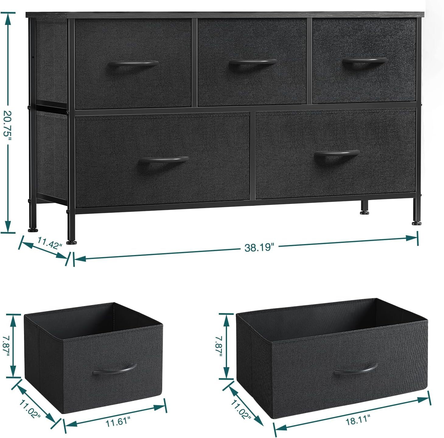 5 Drawers Black Dresser for Bedroom Wood Top Organizer Fabric Storage Drawers