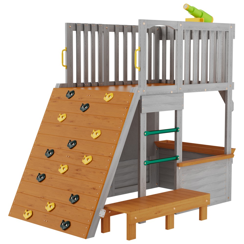 Wooden 2-Story Playhouse Tower with Telescope Ladder Ramp for Kids