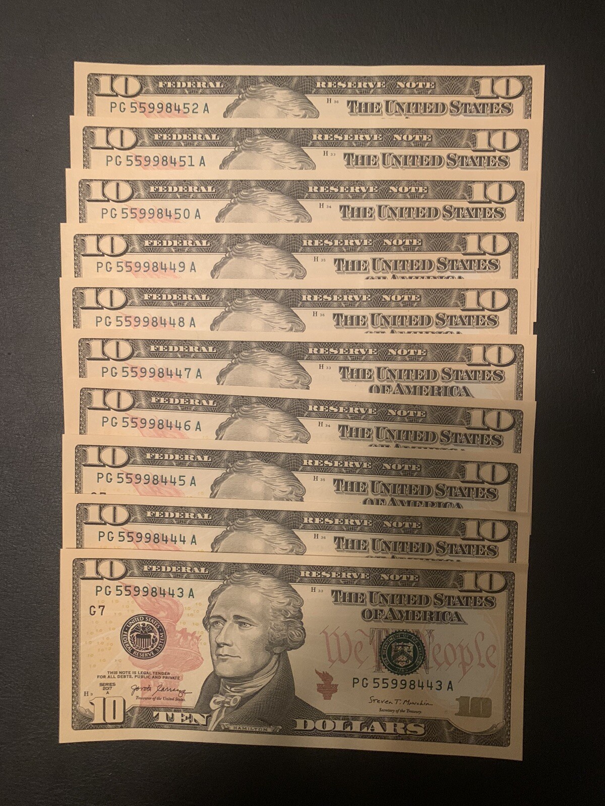 $100 Cash - 10 Uncirculated Ten Dollar Bills In Sequential Order