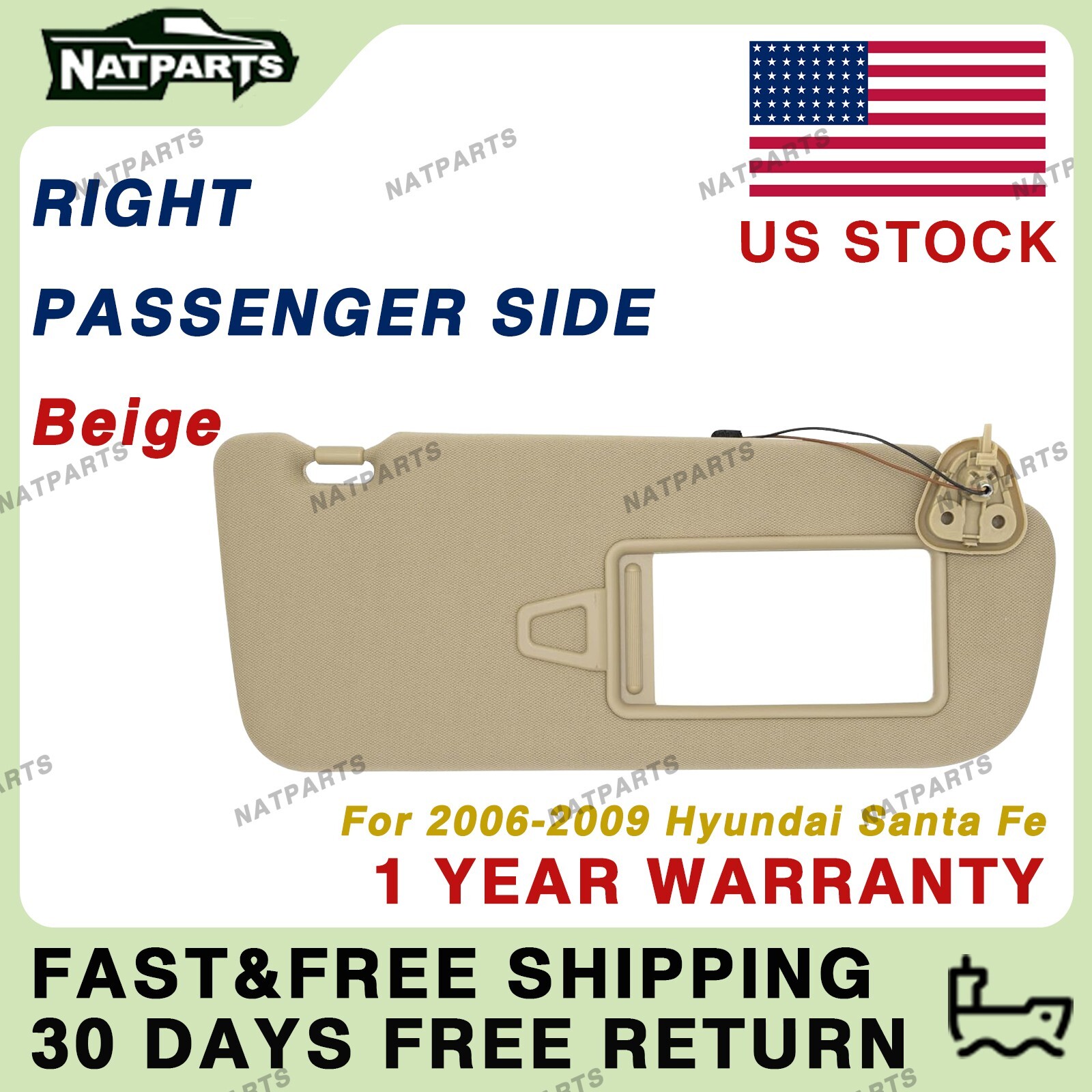 Right Passenger Sun Visor w/Light for Hyundai Santa Fe 2006-2009 852200W110J9
