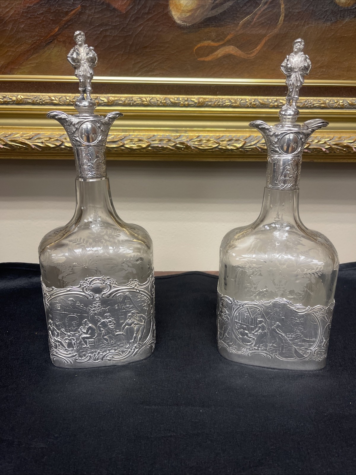 Pair Antique German Hanau Glass Decanters Bottles With sterling mounts  / Tops