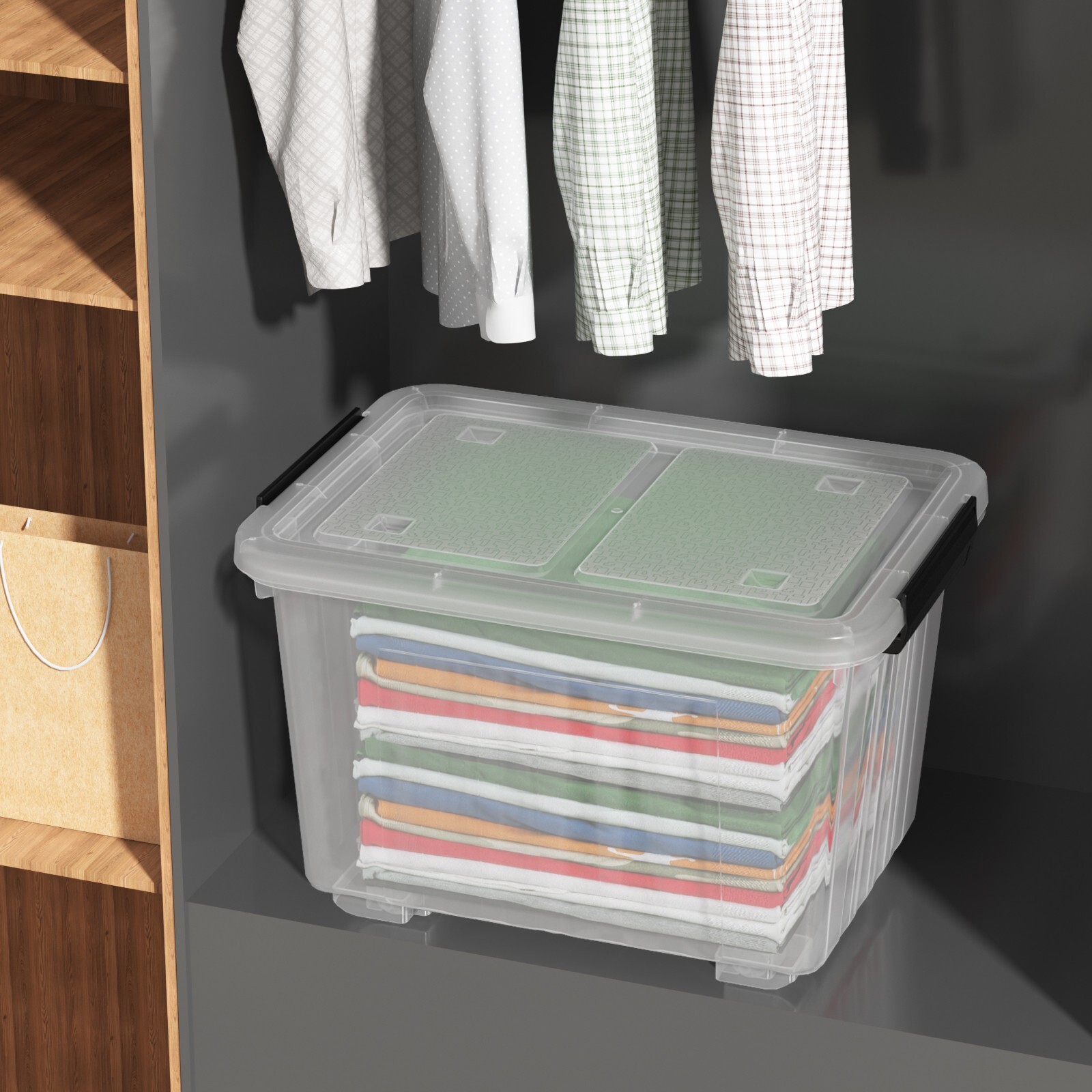 Kekow 30 Quart Gasket Box Stackable Storage Bin with Latching Lid &Wheels 4 Pack