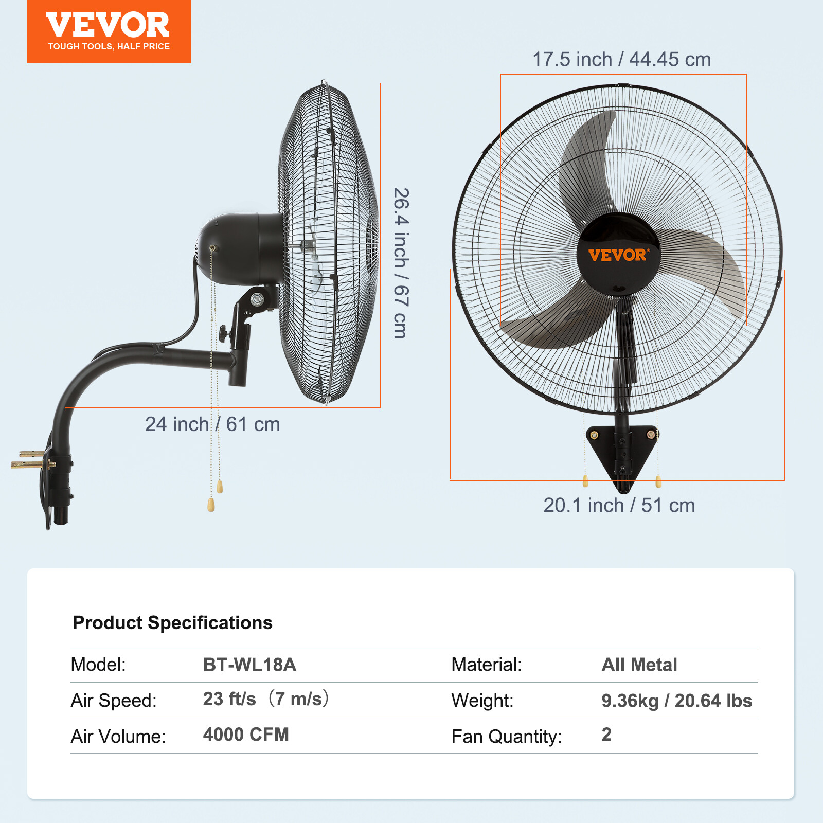 VEVOR 2Pcs 18'' Industrial Wall Mount Fan Oscillating Metal Fan 3 Speed Airflow