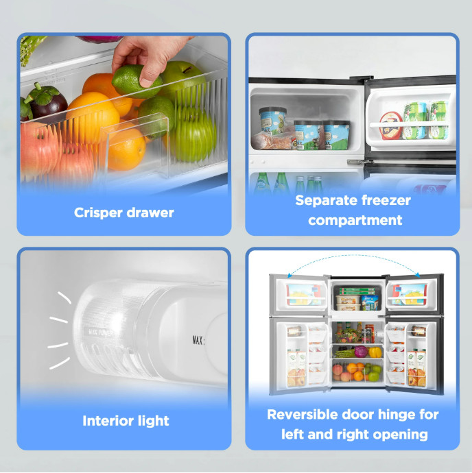 3.2 Cu ft Two Door Mini Fridge with Freezer, Stainless Steel, Energy Efficient