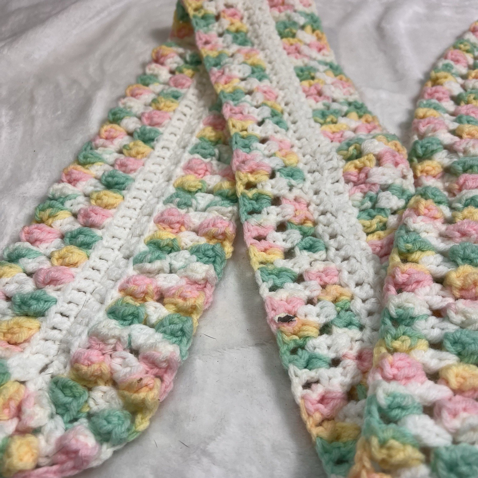 Vintage Crochet Pink Green Girls Scarf Winter 52” x 5”