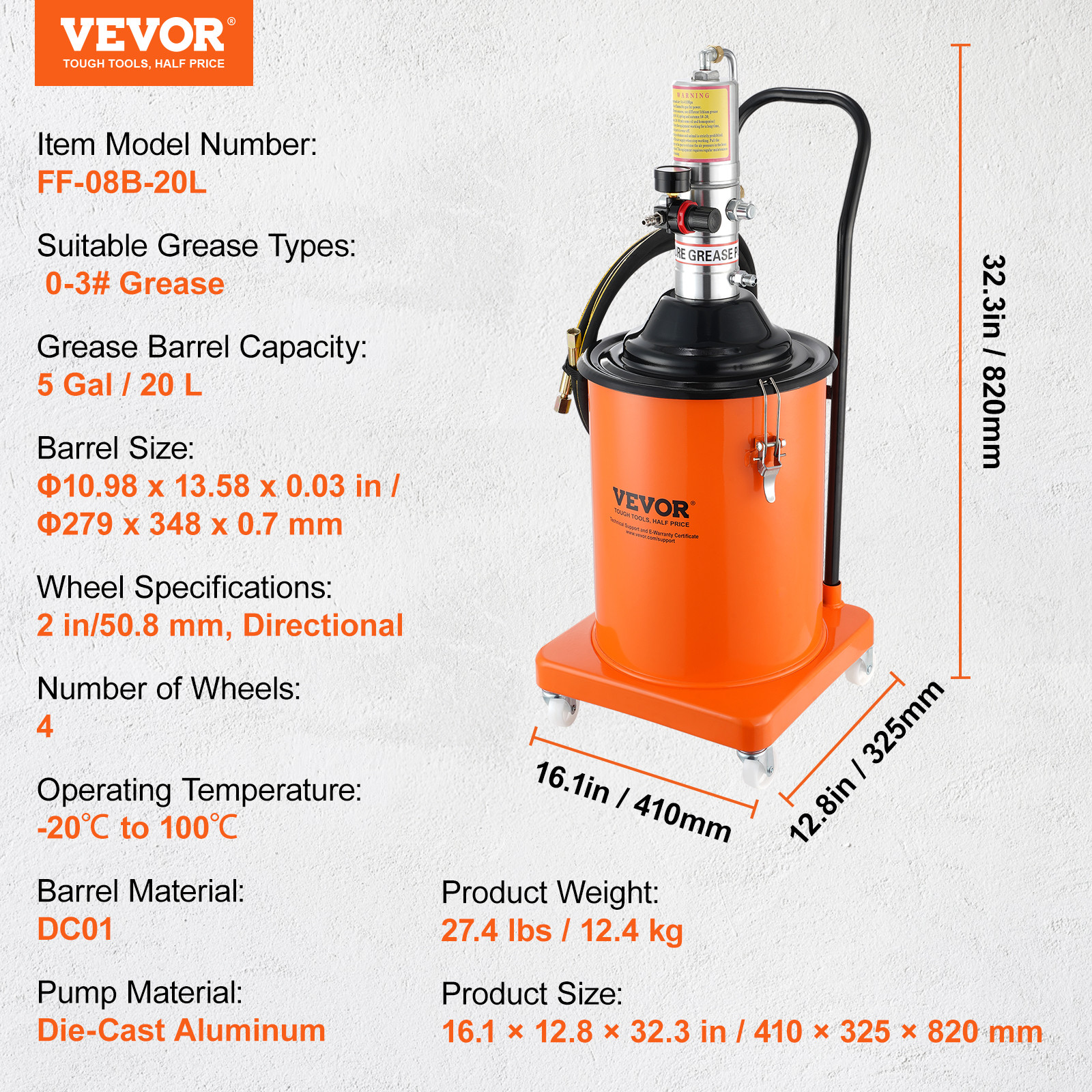 VEVOR Grease Pump Air Operated Grease Pump 5 Gallon 13 ft Hose Grease Bucket