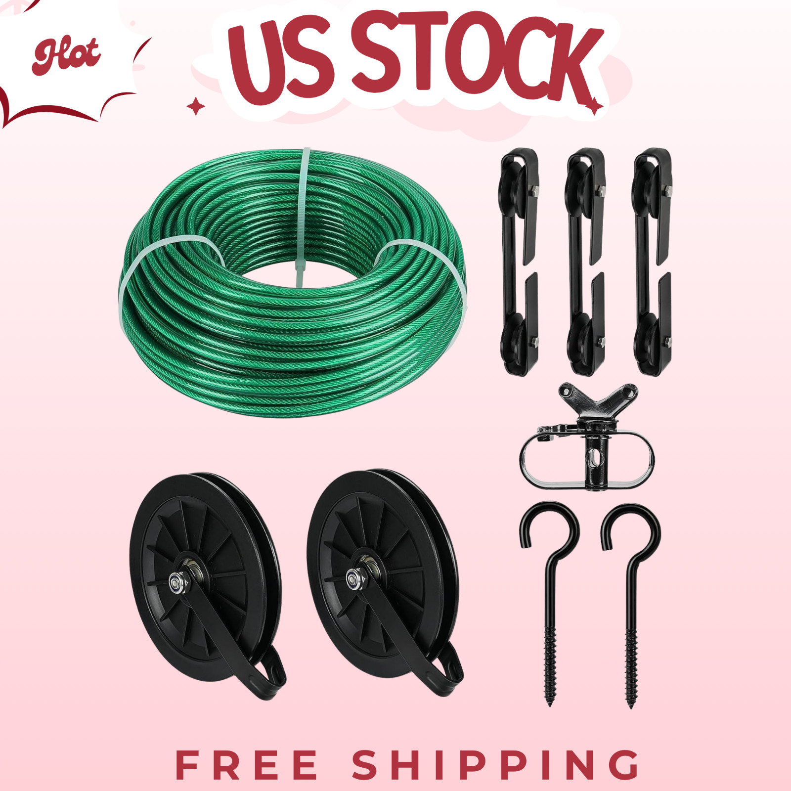 Outdoor Clothesline Kit, 150ft PVC Coated Galvanized Line with Pulley
