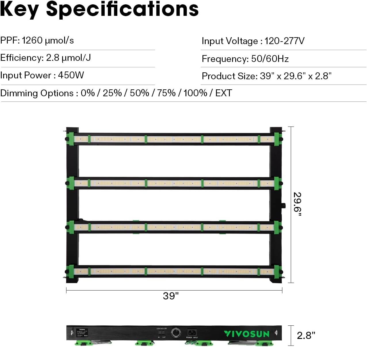 VIVOSUN VSFD4500 LED Grow Light, 450W Removable Dimmable Plant Grow Light