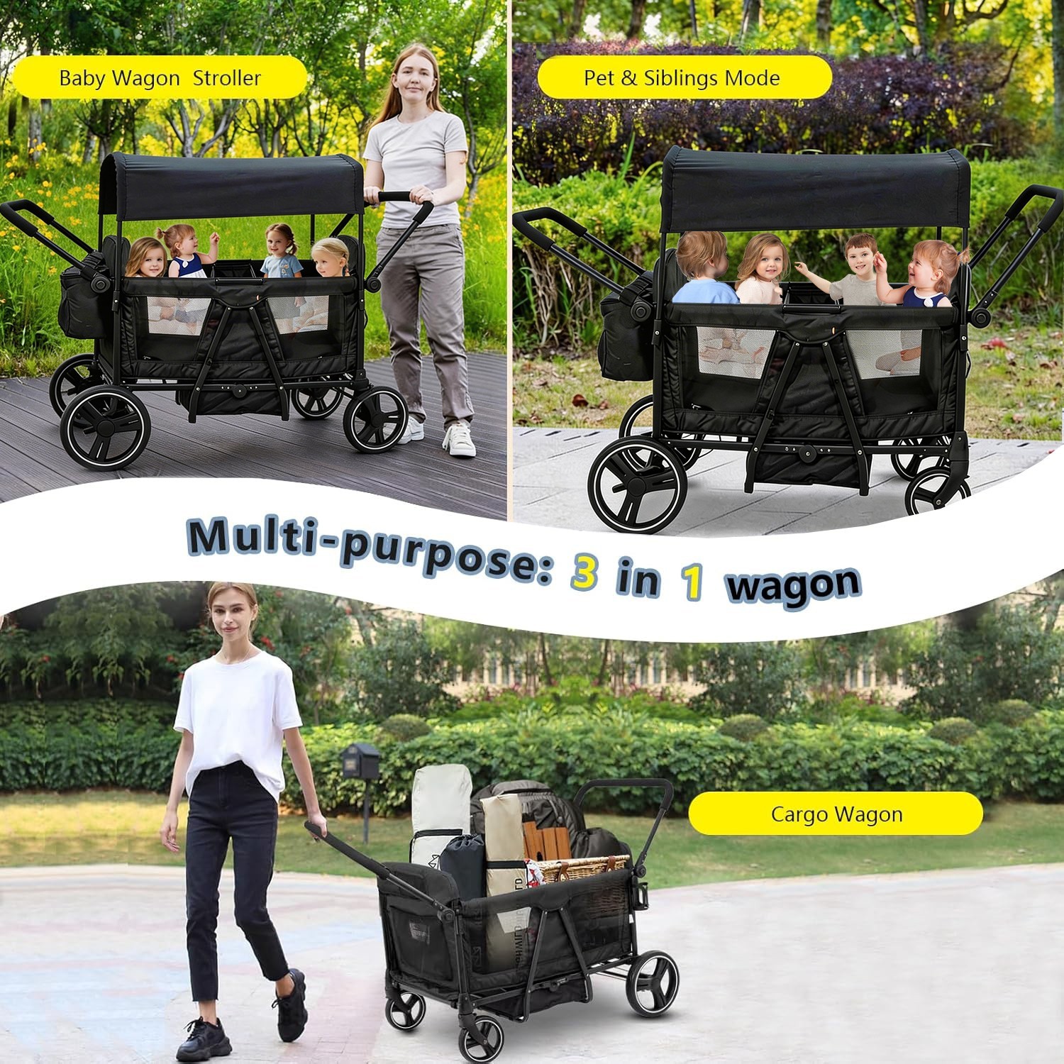 Wagon Stroller for 4 kids Lightweight folding baby stroller&with Mom's bag Black