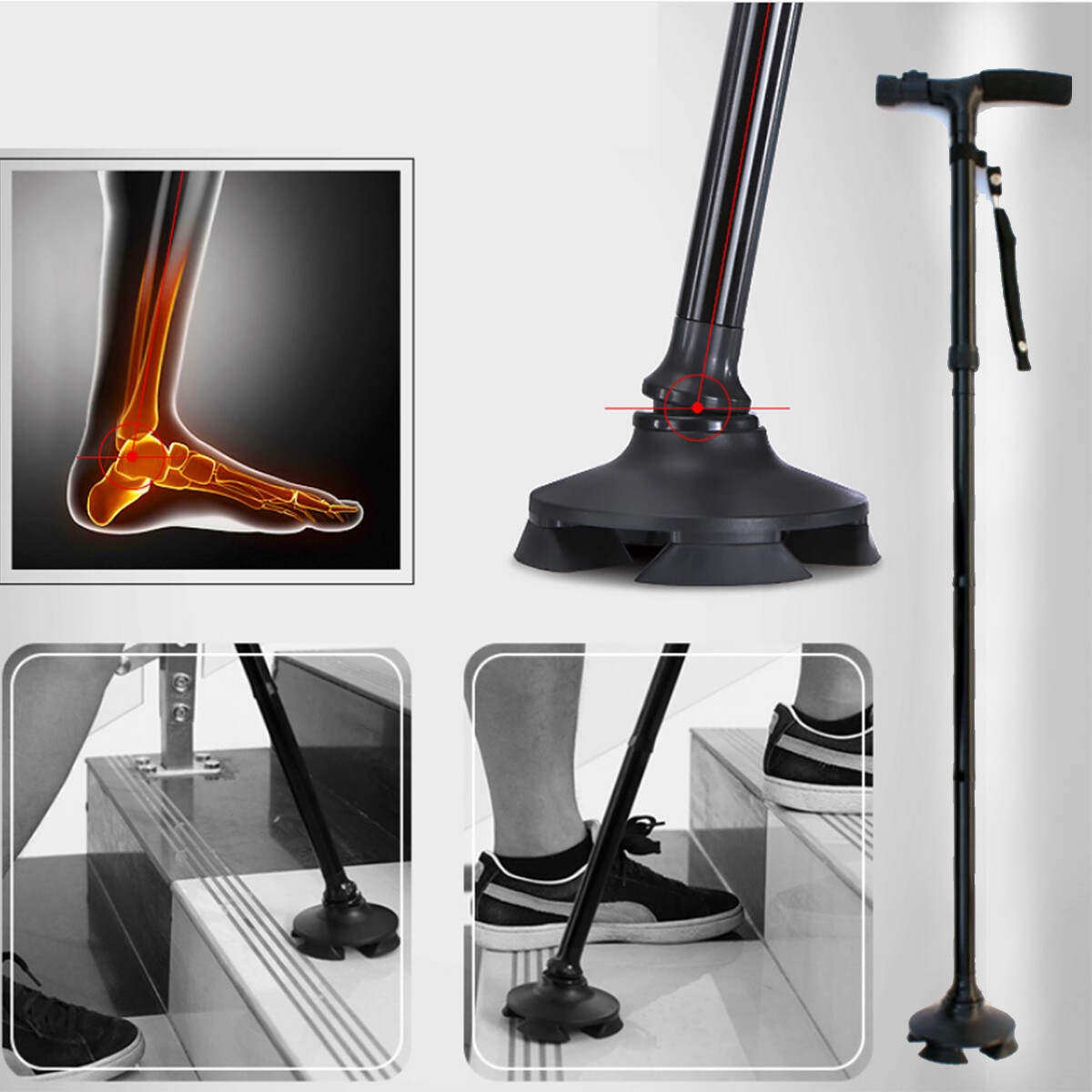 LED Folding Walking Cane for Seniors Men & Women w/ Non-Slip T Handle and Strap
