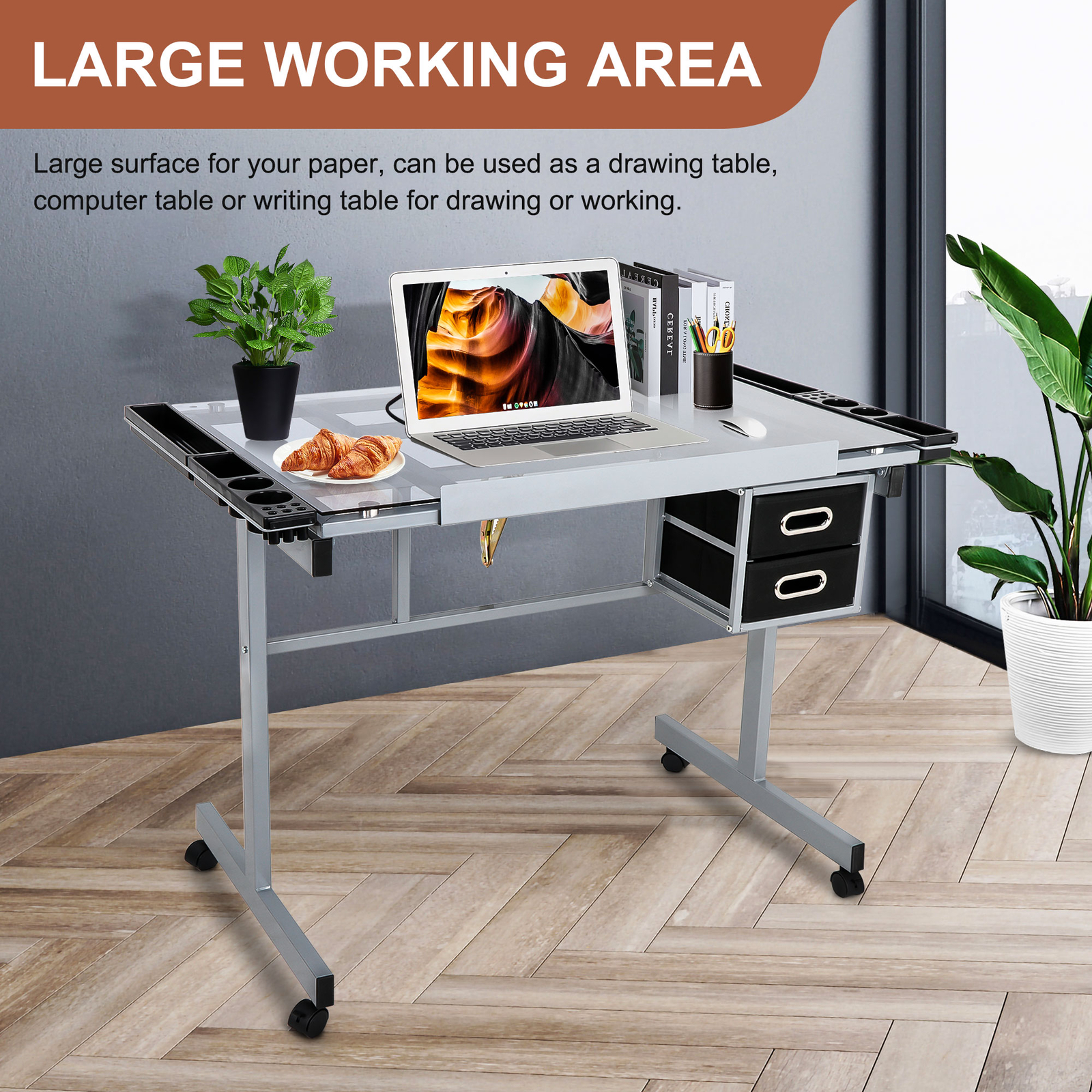 Rolling Drawing Drafting Table Tempered Glass Desktop Saving Space for Work