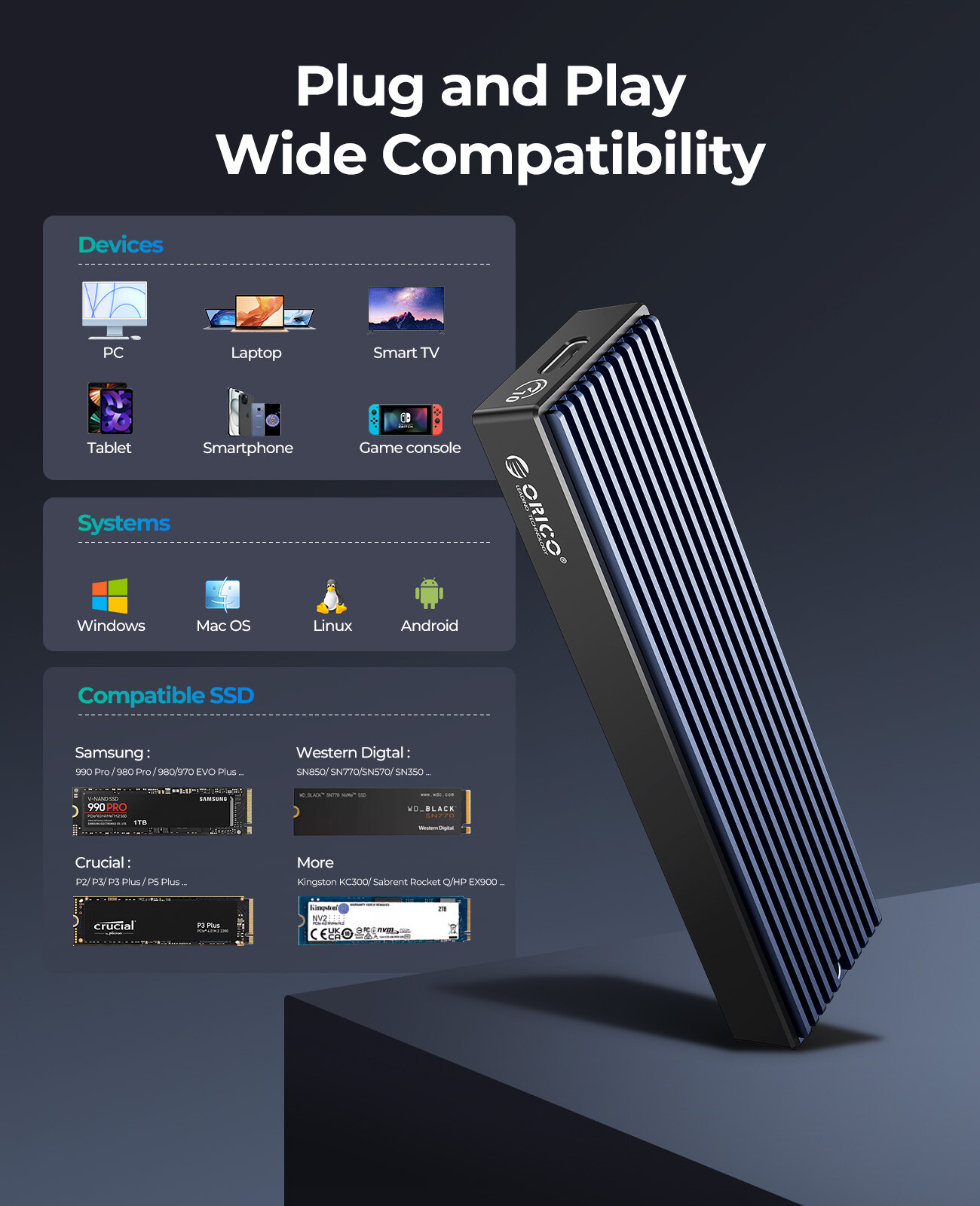 ORICO 10Gbps M.2 NVME Enclosure USB C Gen2 PCI-E SSD Case NVMe External SSD