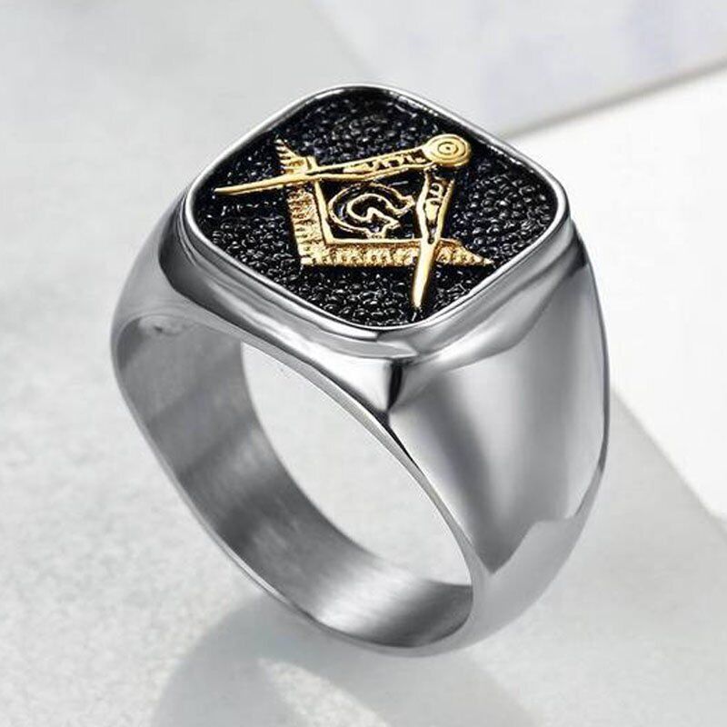 MENDEL Mens Stainless Steel Gold Plated Freemason Masonic Ring Silver Size 7-15