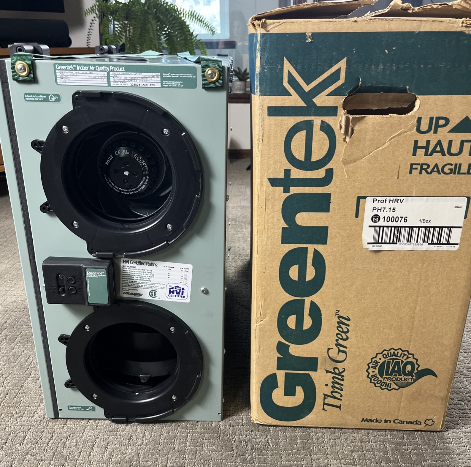Professional Heat Recovery Ventilator Ducted Greentek Horizontal PH7.15 New HVI