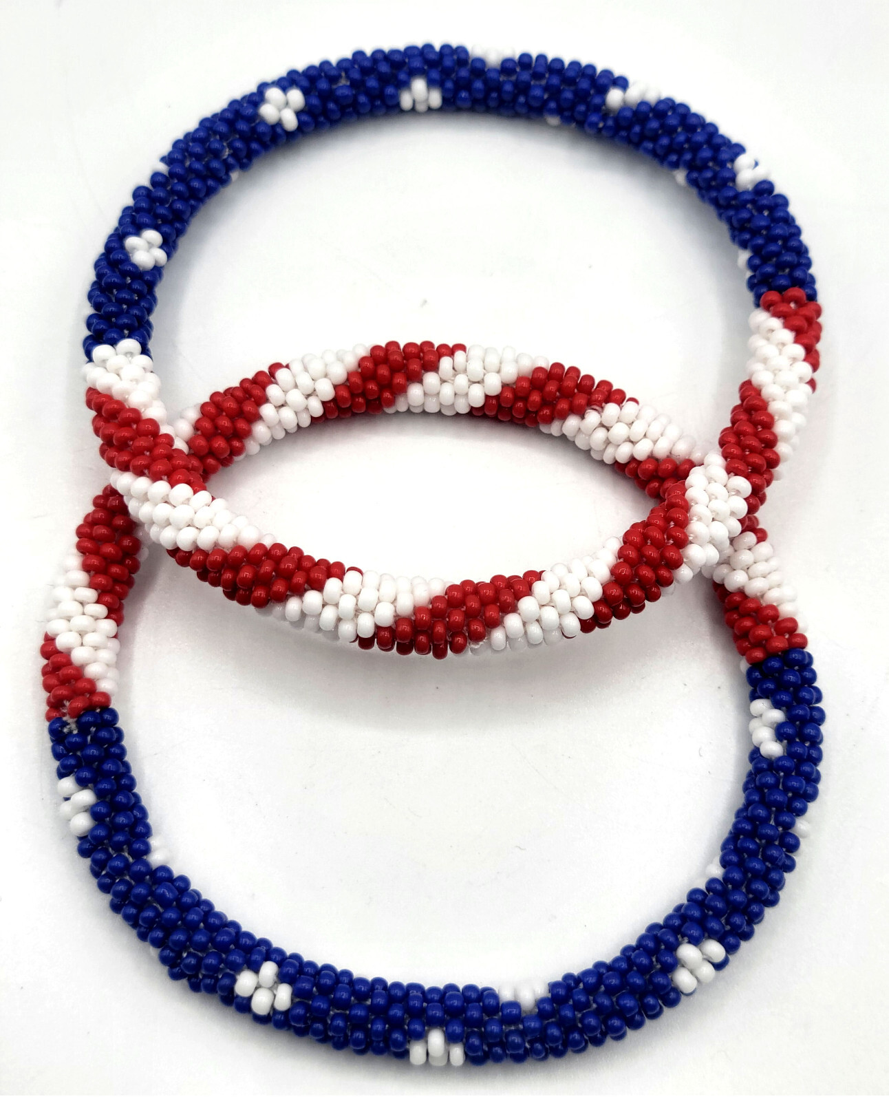 Set of 2 Patriotic USA Flag Crochet Glass Bracelets, Red White Blue