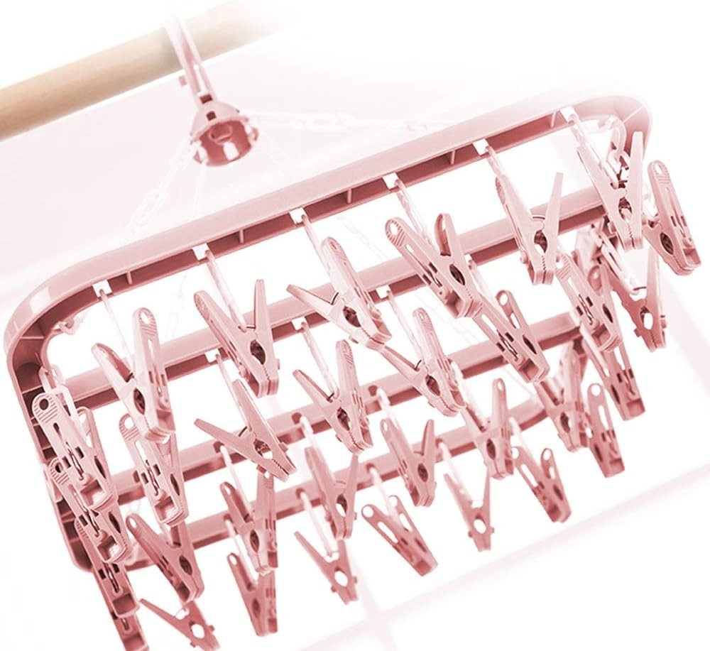 32-Clip Light Pink Clothes Drying Rack - Adjustable Hooks & Collapsible Design