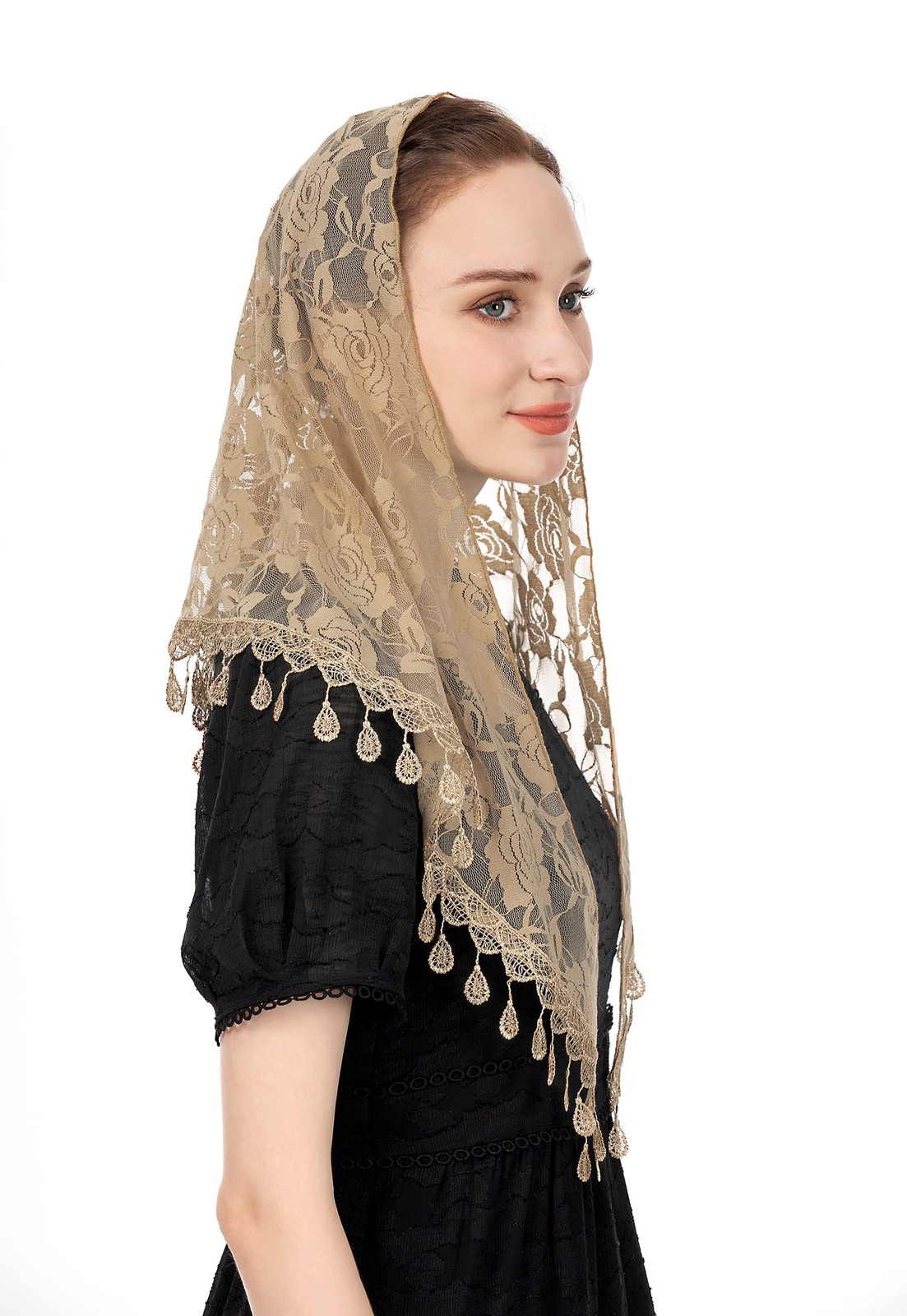 Wgior Triangle Veil for Church Lace Chapel Catholic Mass One Size, Beige