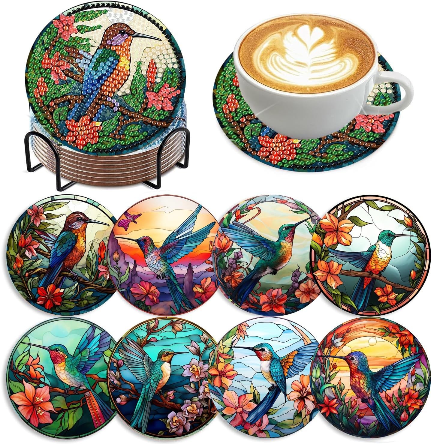 mrpwnle 8 PCS Diamond Painting Art Coaster Set with Hummingbird Coasters