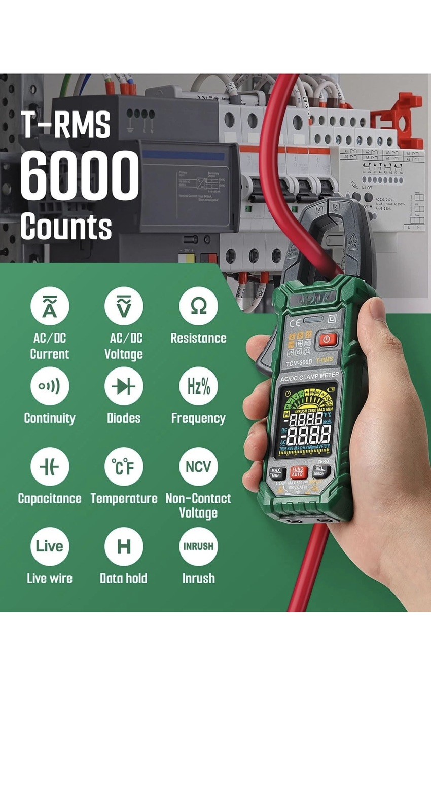 TCM-300D Digital Clamp Meter, 6000 Counts Multimeter, Auto-Ranging Voltmeter