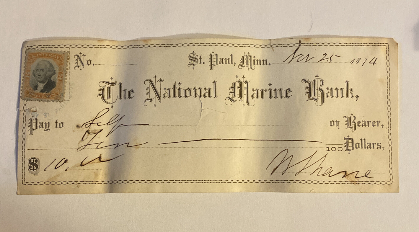 Vintage 1874 National Marine Bank $10 Check ~ St. Paul Minnesota