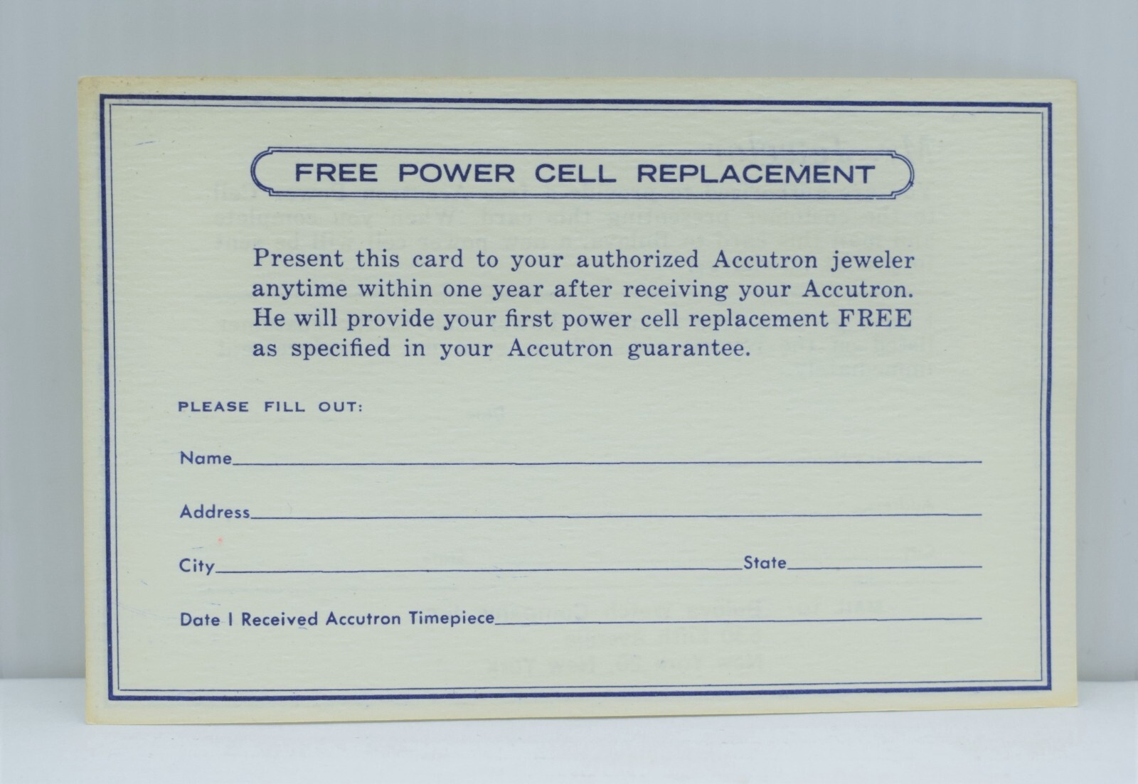 Accutron Free Power Cell Battery Replacement Card Bulova Original Jeweler Watch