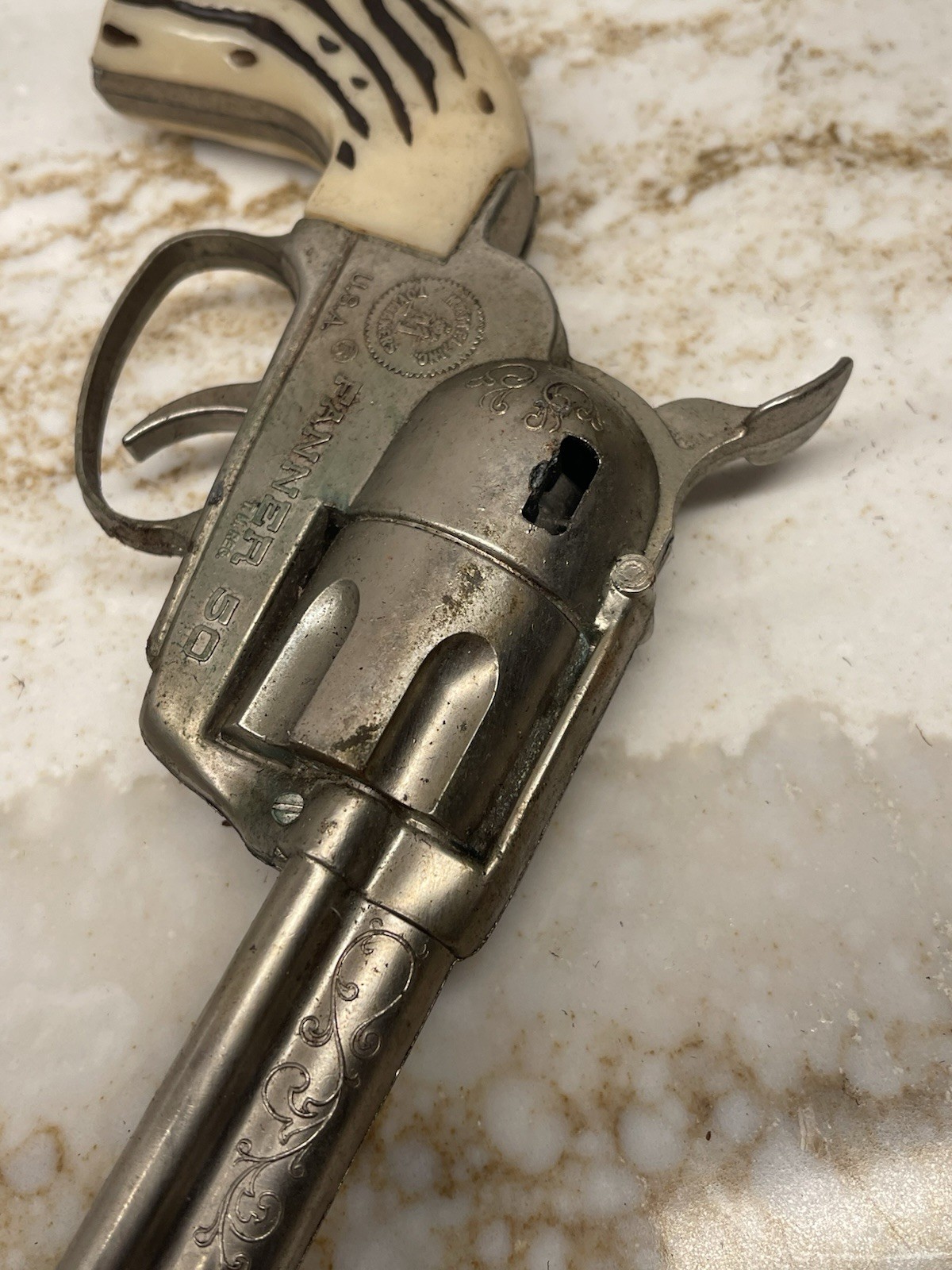 1960s VTG Mattel Fanner 50 Toy Cap Replica Gun Used Leather Holster MADE IN USA