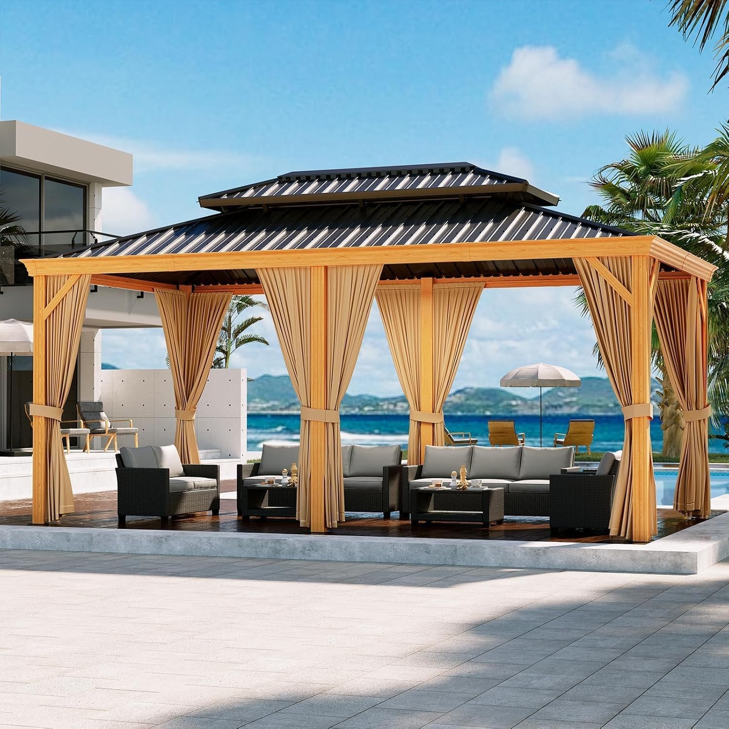 12x20 FT Outdoor Hardtop Gazebo Double Roof Garden Tent w/ Curtains & Netting US