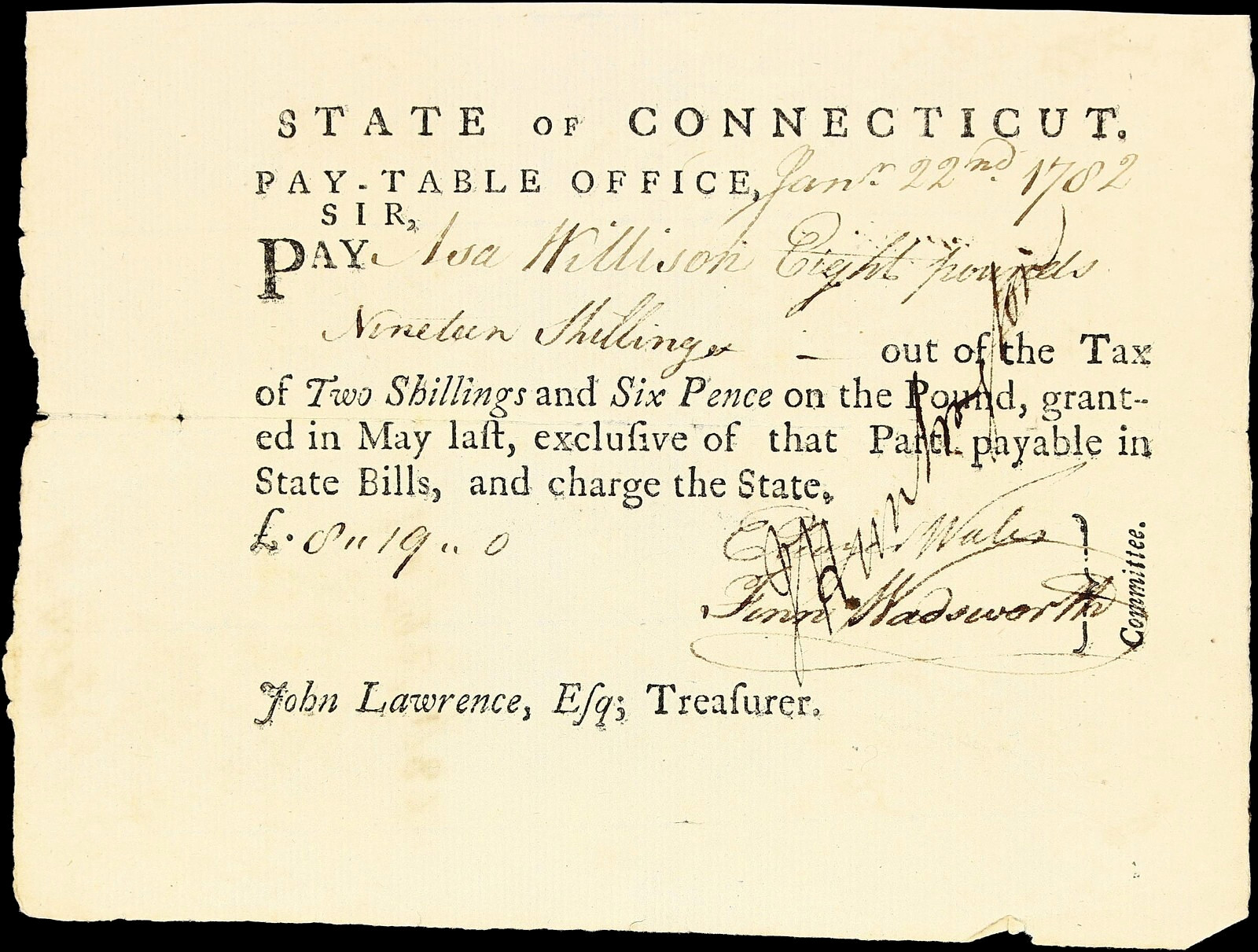 CT HUNTINGTON / SHELTON Connecticut June 1782 Treasury Pay Warrant John Lawrence