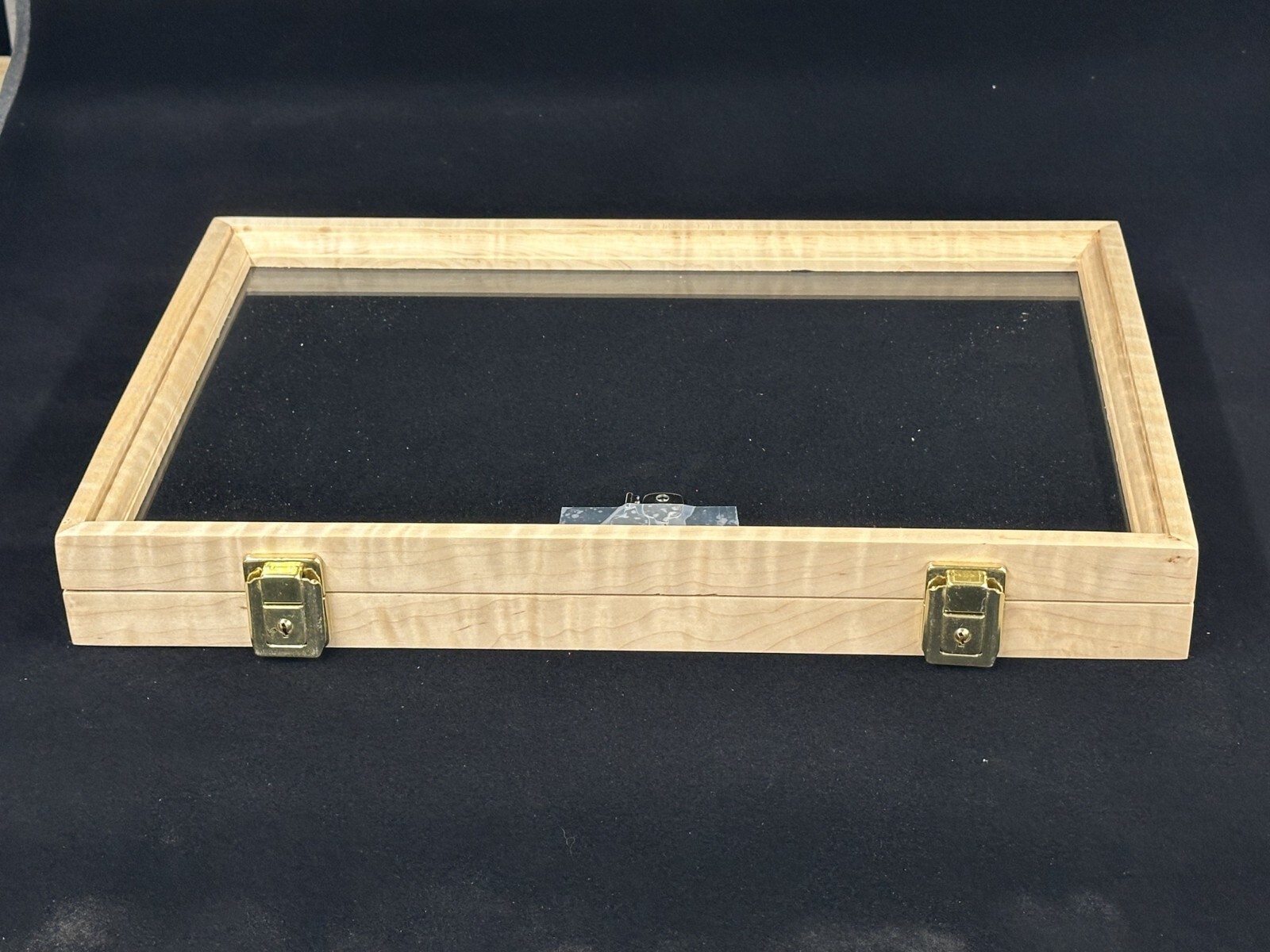 Curly Maple Wood Display Case 12 x 18 x 2 Black Liner for Arrowheads or Knives