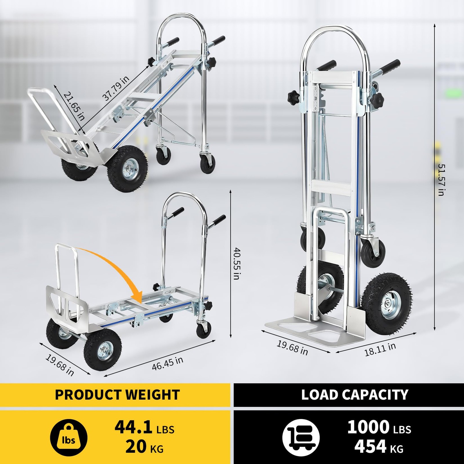 1000 lbs Heavy-Duty Folding Dolly Cart ,3-in-1 Convertible Aluminum Hand Truck