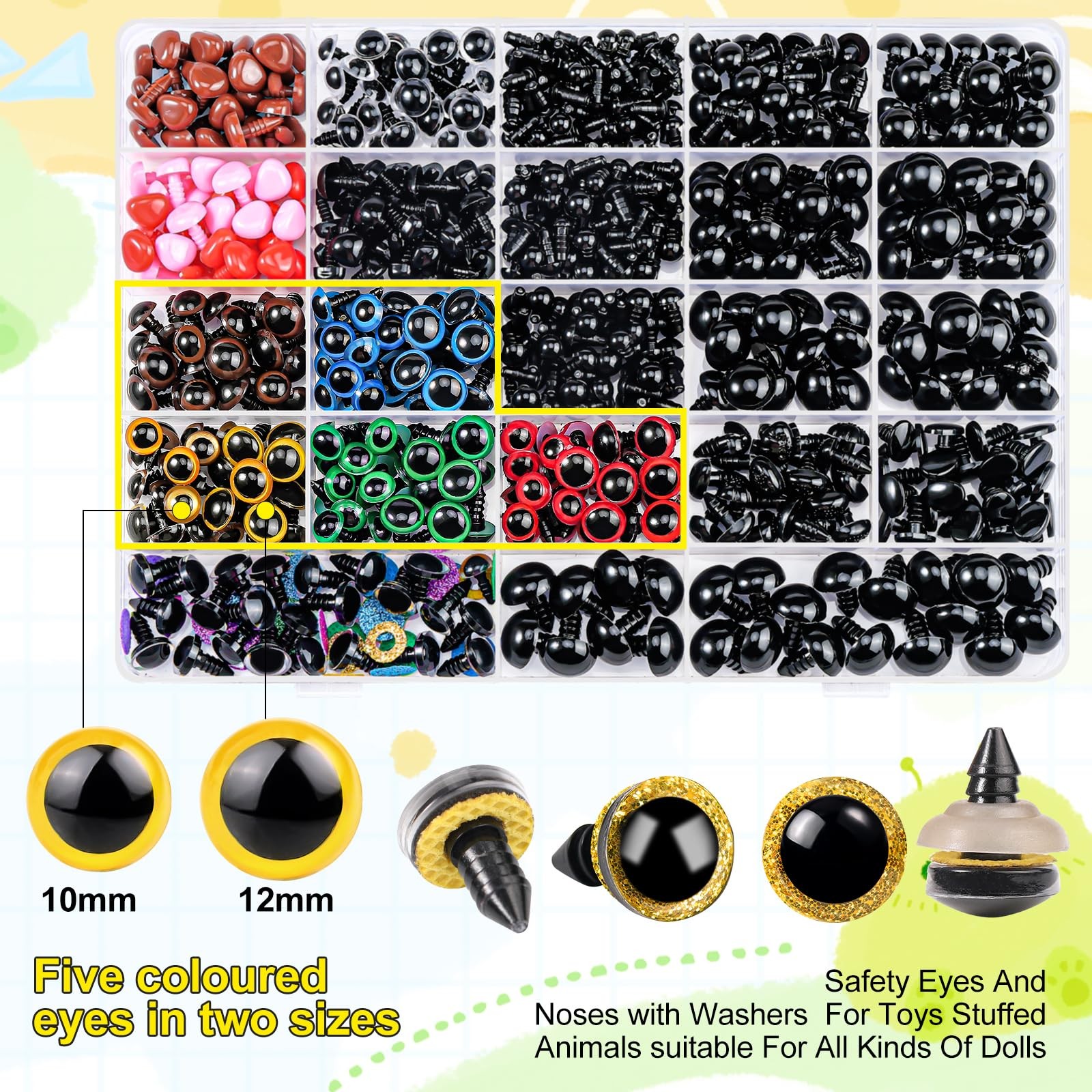 1100PCS Safety Eyes and Noses, Amigurumi Safety Eyes for Crocheting, Colorful...