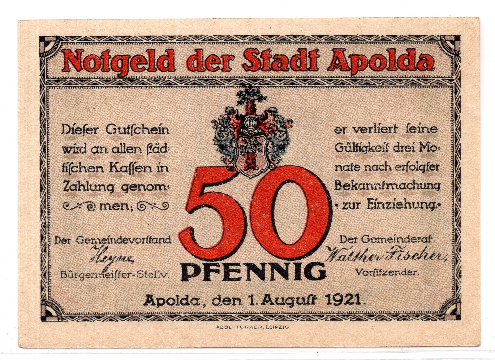 1921 Germany Apolda Notgeld 50 Pfennig Note (3967)