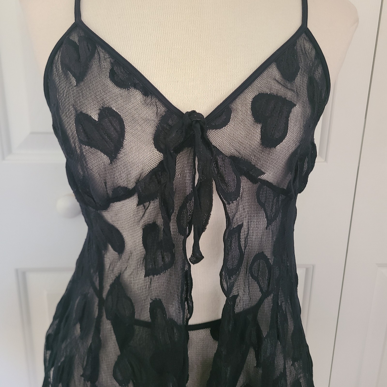 Y2K Victoria's Secret Sheer Mesh Babydoll Top Set S Hearts Flyaway Split Front