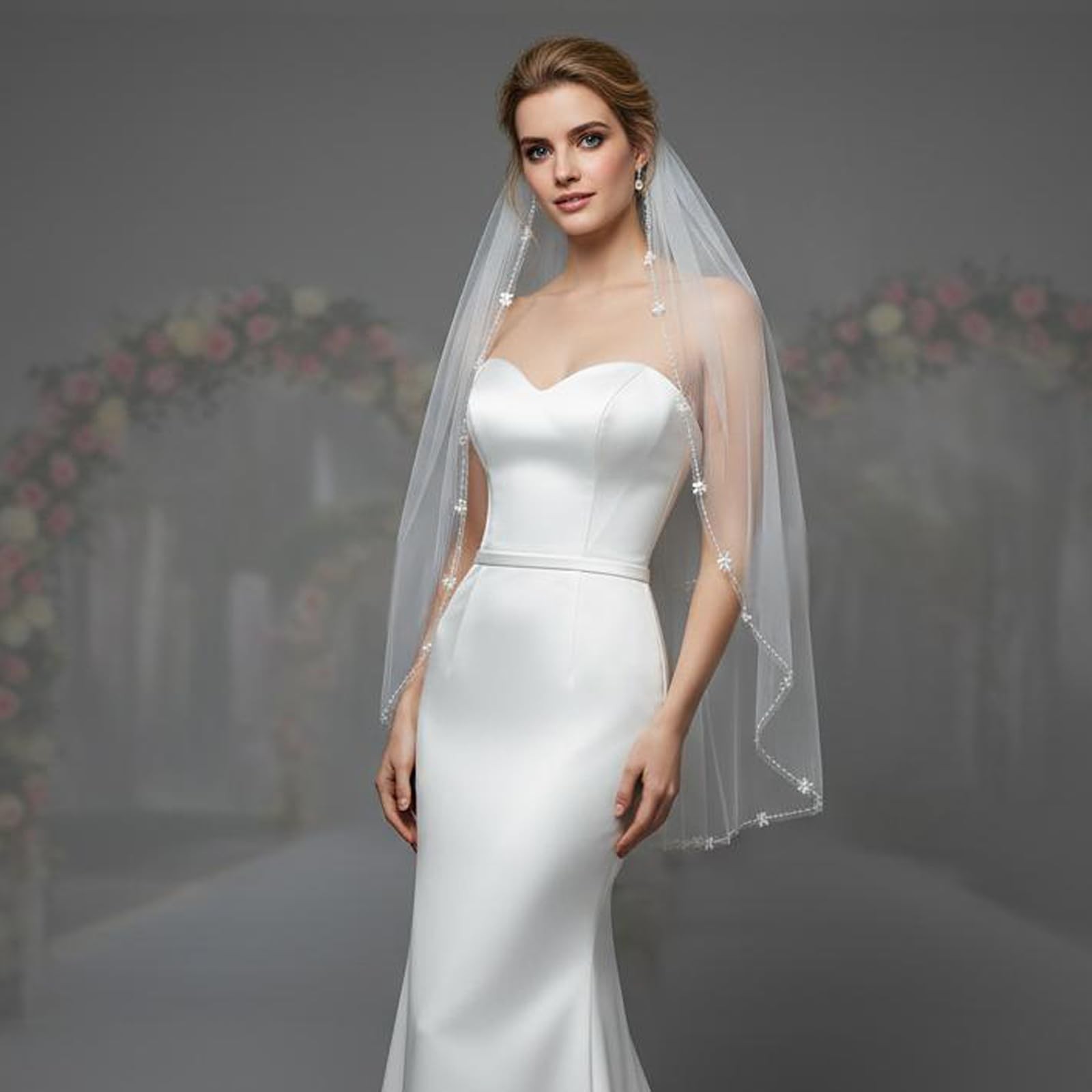 1 Tier Pearls Flower Beaded Edge Wedding Bridal Veil Fingertip Length Women Cap