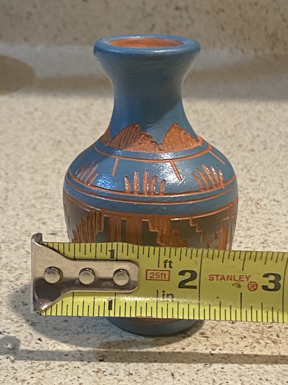 Signed Navajo Miniature Red Clay With Blue Overlay Etched Pottery Vase 4”