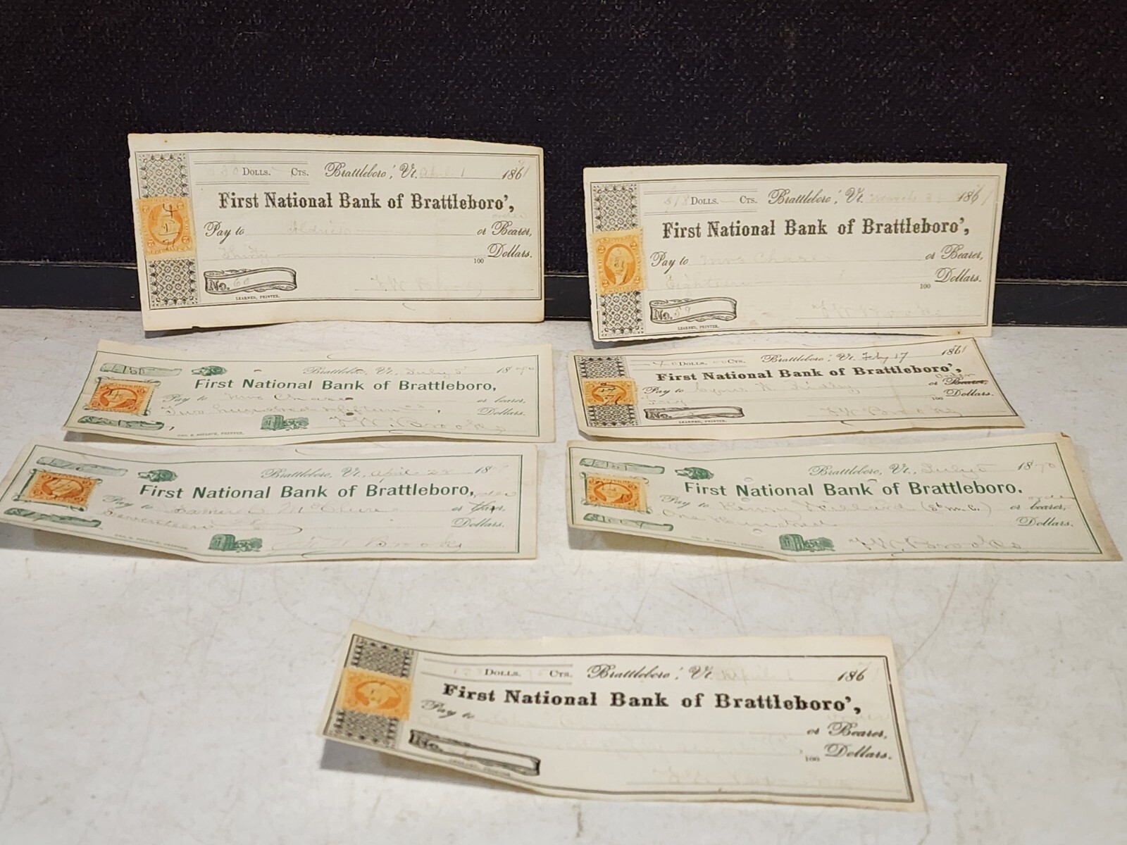 LOT OF 7- Antique Civil War Era Bank Checks w/Stamps BATTLEBORO VERMONT