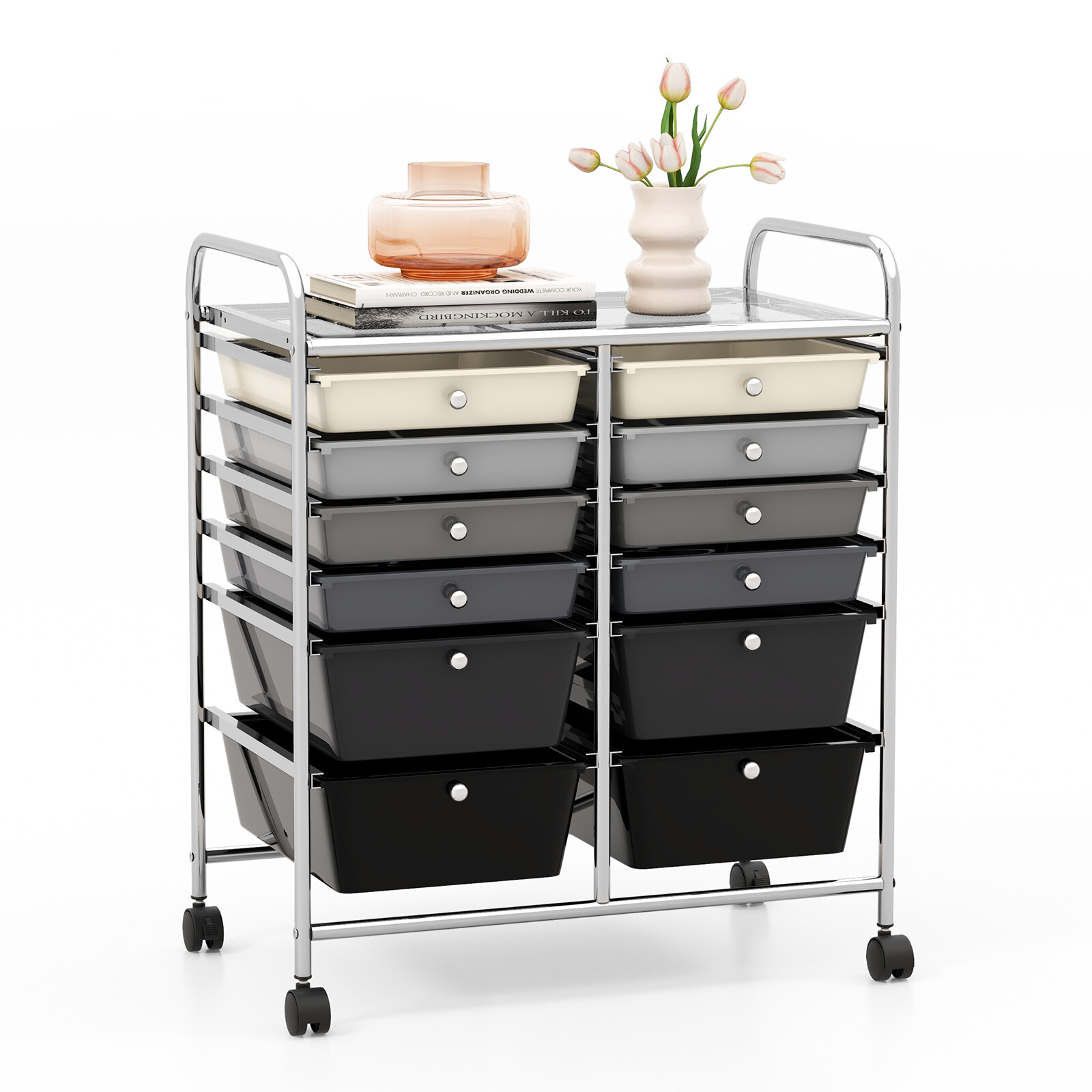 12-Drawer Rolling Storage Cart w/ 2 Sizes Plastic Drawers Gradient Grey