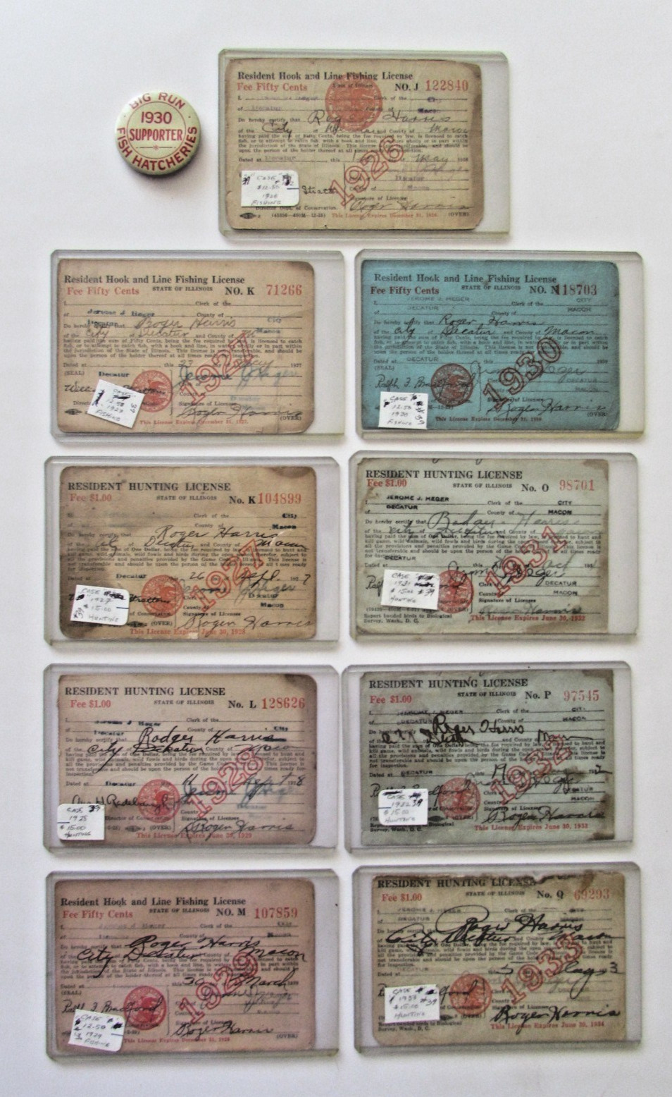 Lot Big Run Hatcheries Pin 1926-1933 Hunting & Fishing Licenses Decatur Illinois