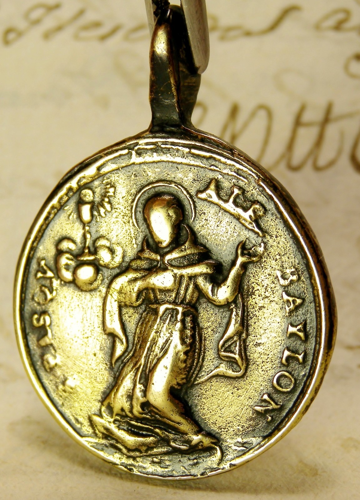 ANTIQUE 18TH CENTURY BRONZE MEDAL ST CLARE OF ASSISI & ST PASCHAL BAYLON