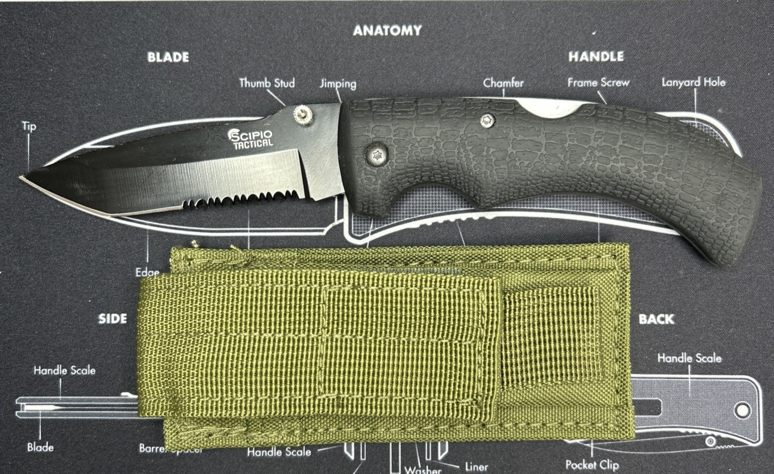 Scipio Tactical Folding Knife Black Rubber Handle Tanto Combo Edge Blade VGUC