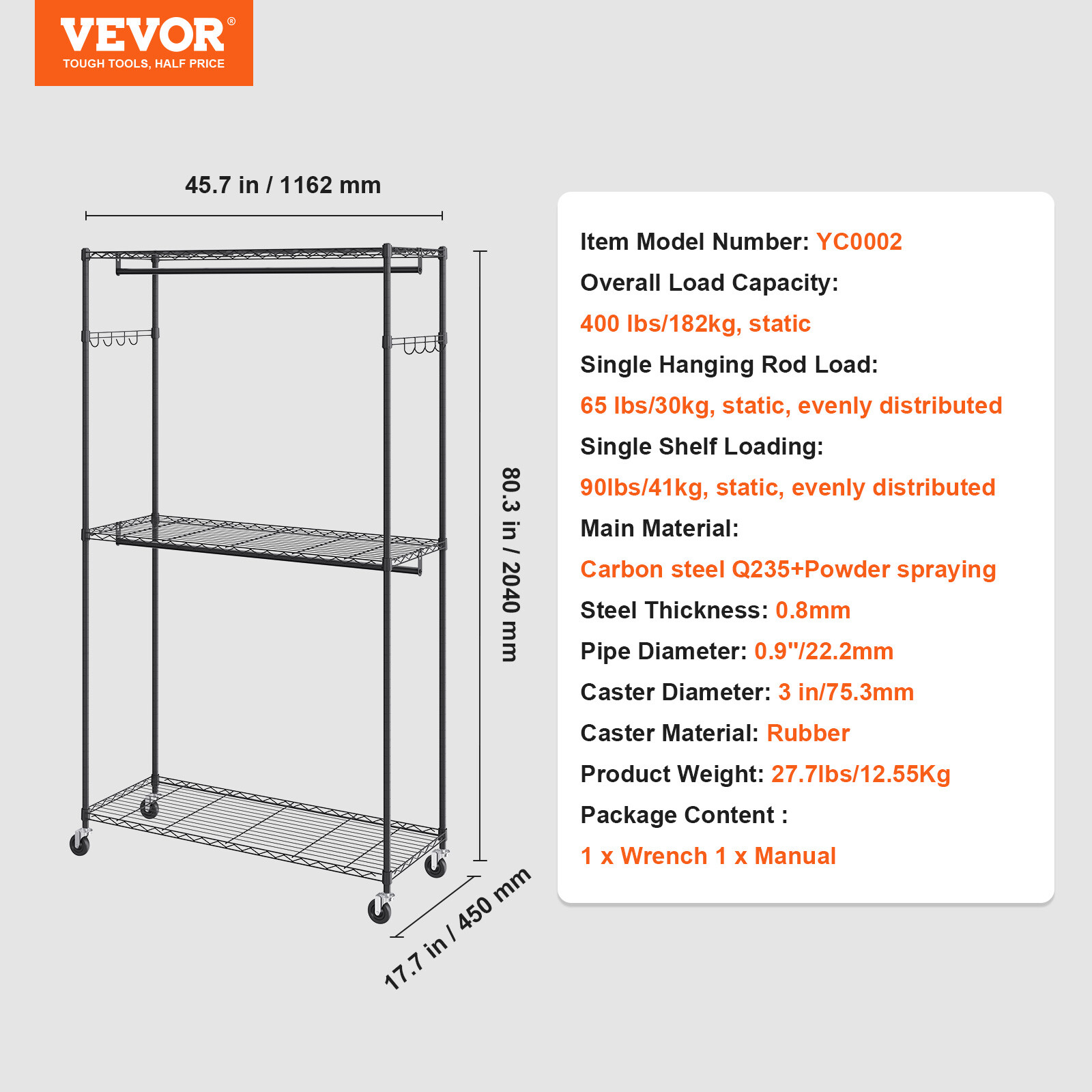 VEVOR Clothes Rack Rolling Clothing Garment Rack with 3 Storage Tiers 400 lbs