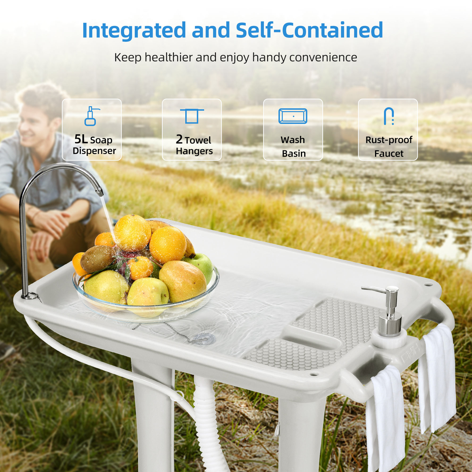 30 L Portable Wash Sink Camping Washing Station Hand Wash Basin Stand w/ Wheels