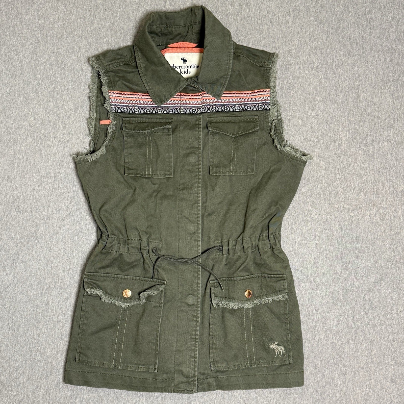 Abercrombie & Fitch Kids Denim Embroidered Snap Utility Vest Girls 13/14 Green