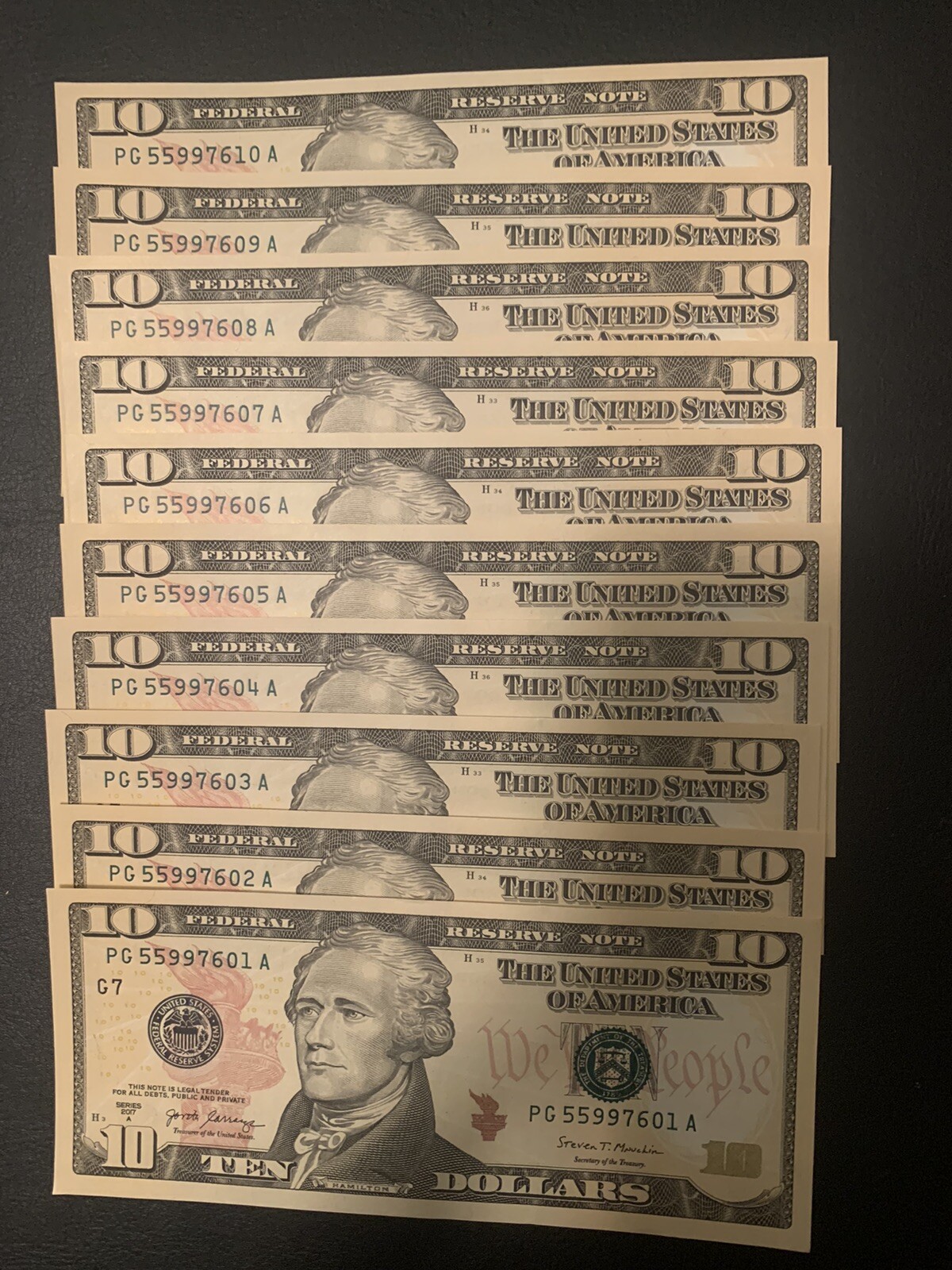 $100 Cash - 10 Uncirculated Ten Dollar Bills In Sequential Order