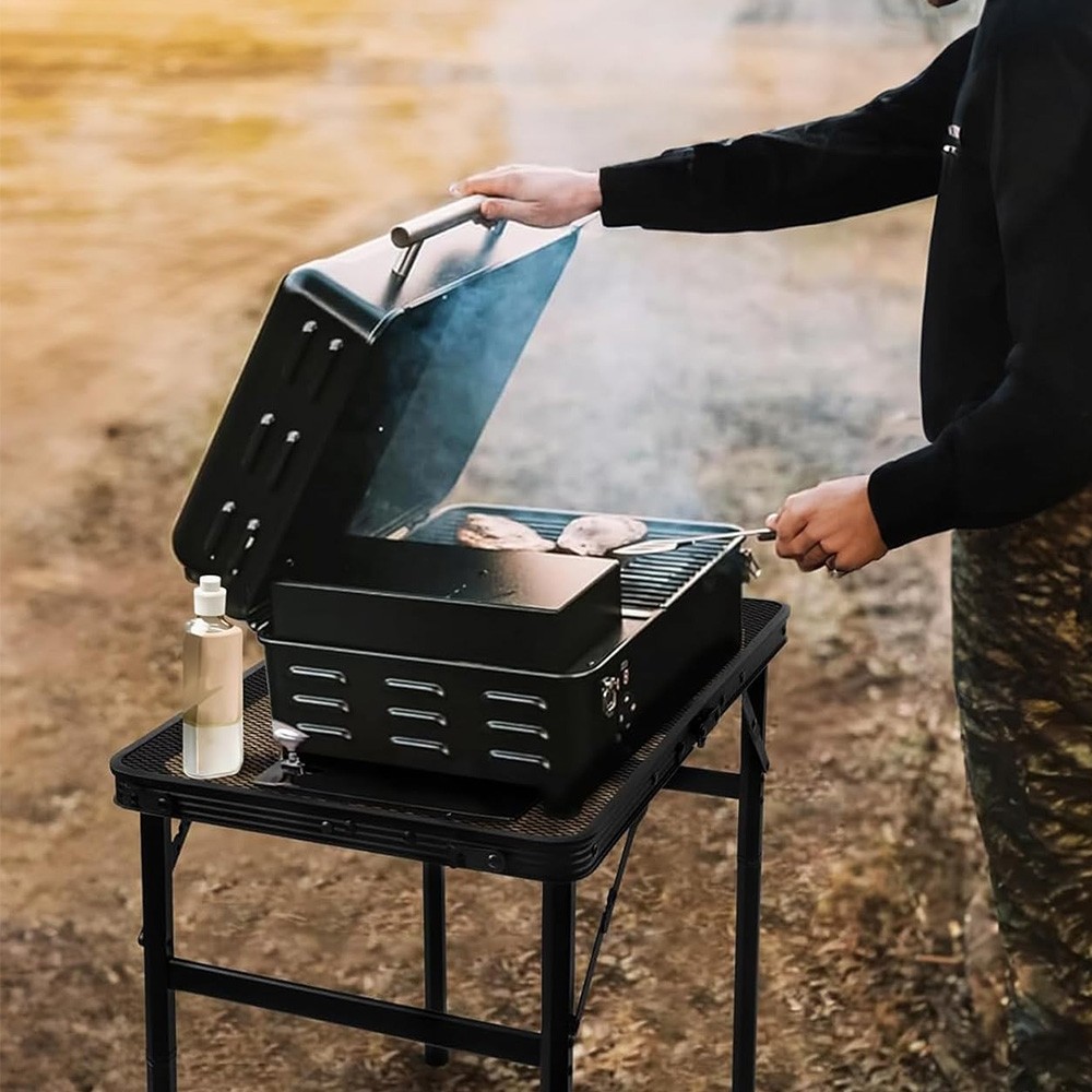 3FT 2-Fold Camping Table with Mesh Desktop Adjustable Height BBQ Grill Table