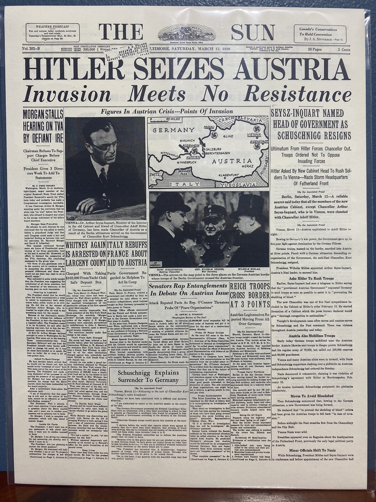 VINTAGE NEWSPAPER HEADLINE ~ ADOLPH HITLER SEIZES AUSTRIA WW2 1938 NAZI INVASION