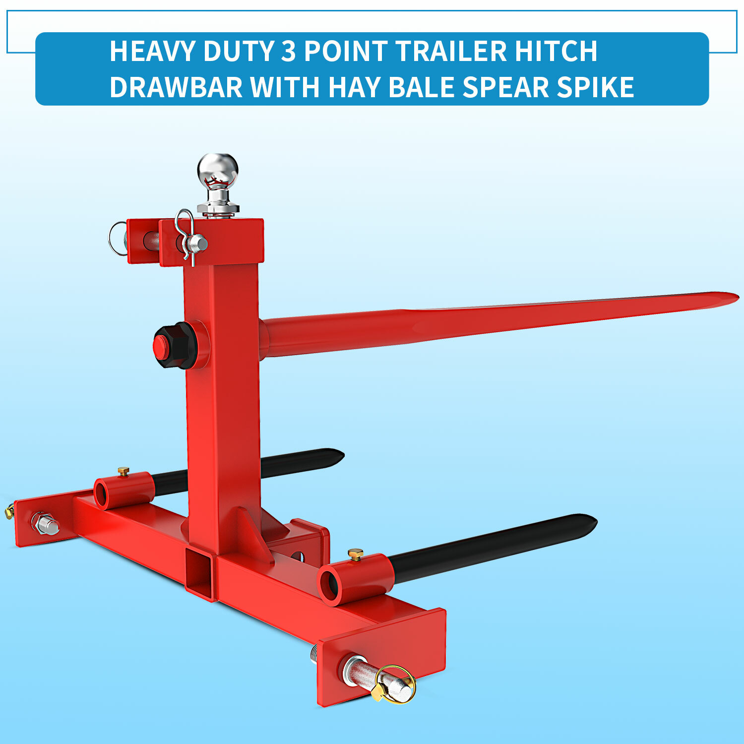 49" 3 Pt Trailer Receiver Hitch Hay Bale Spear Cat 1 Multi-function 3000 LBS